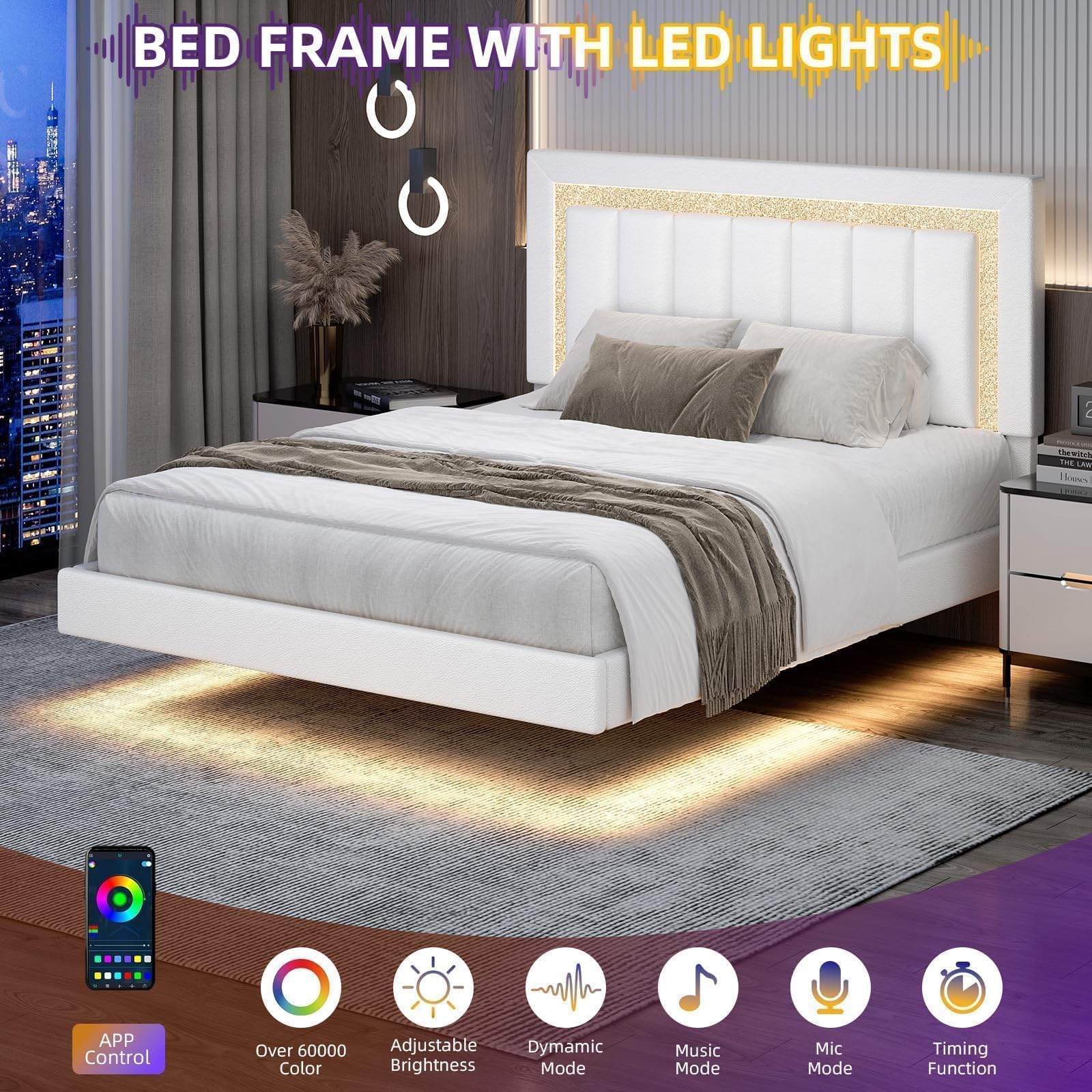 Floating Queen Bed Frame with LED Lights