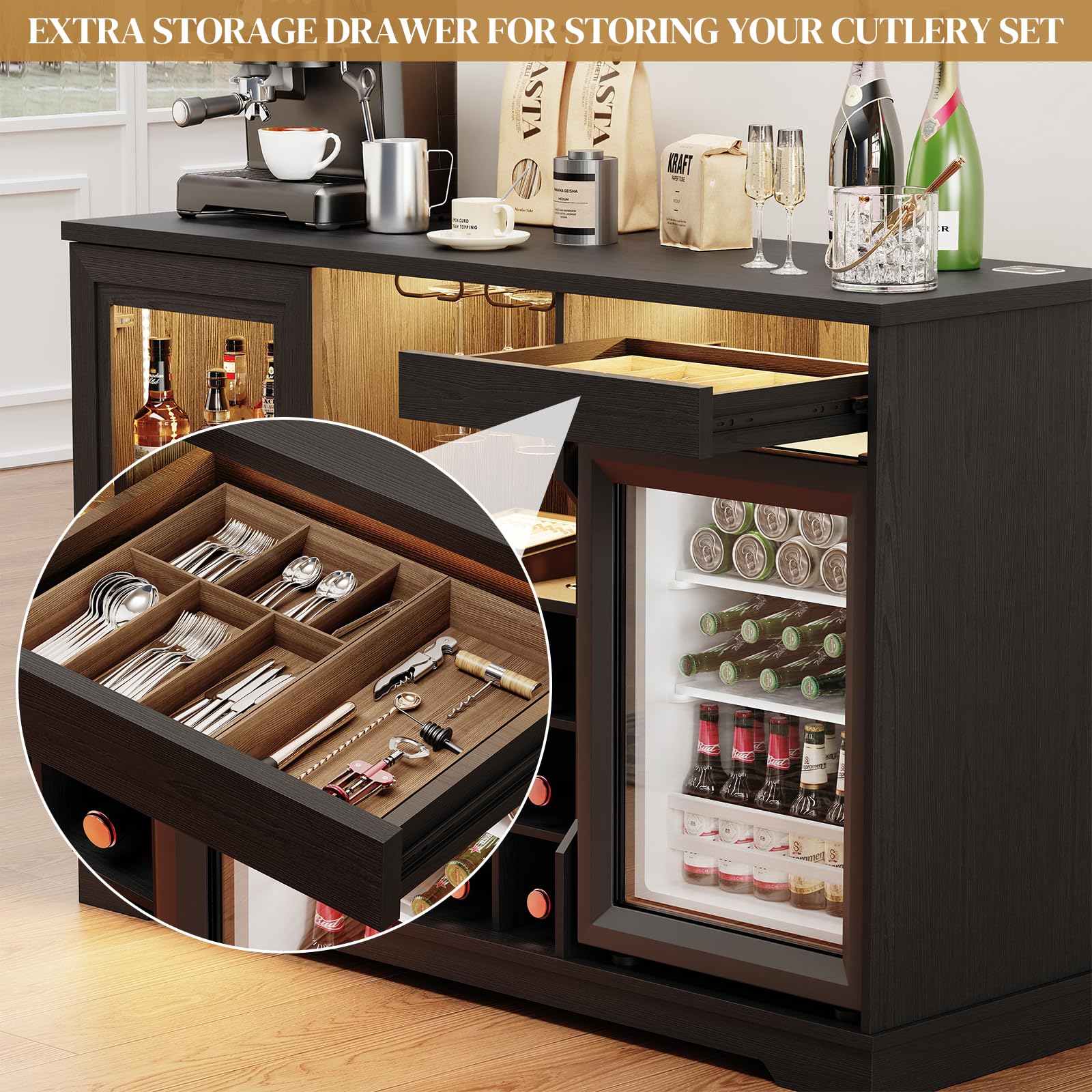 Wine Bar Cabinet with Fridge and LED Lights