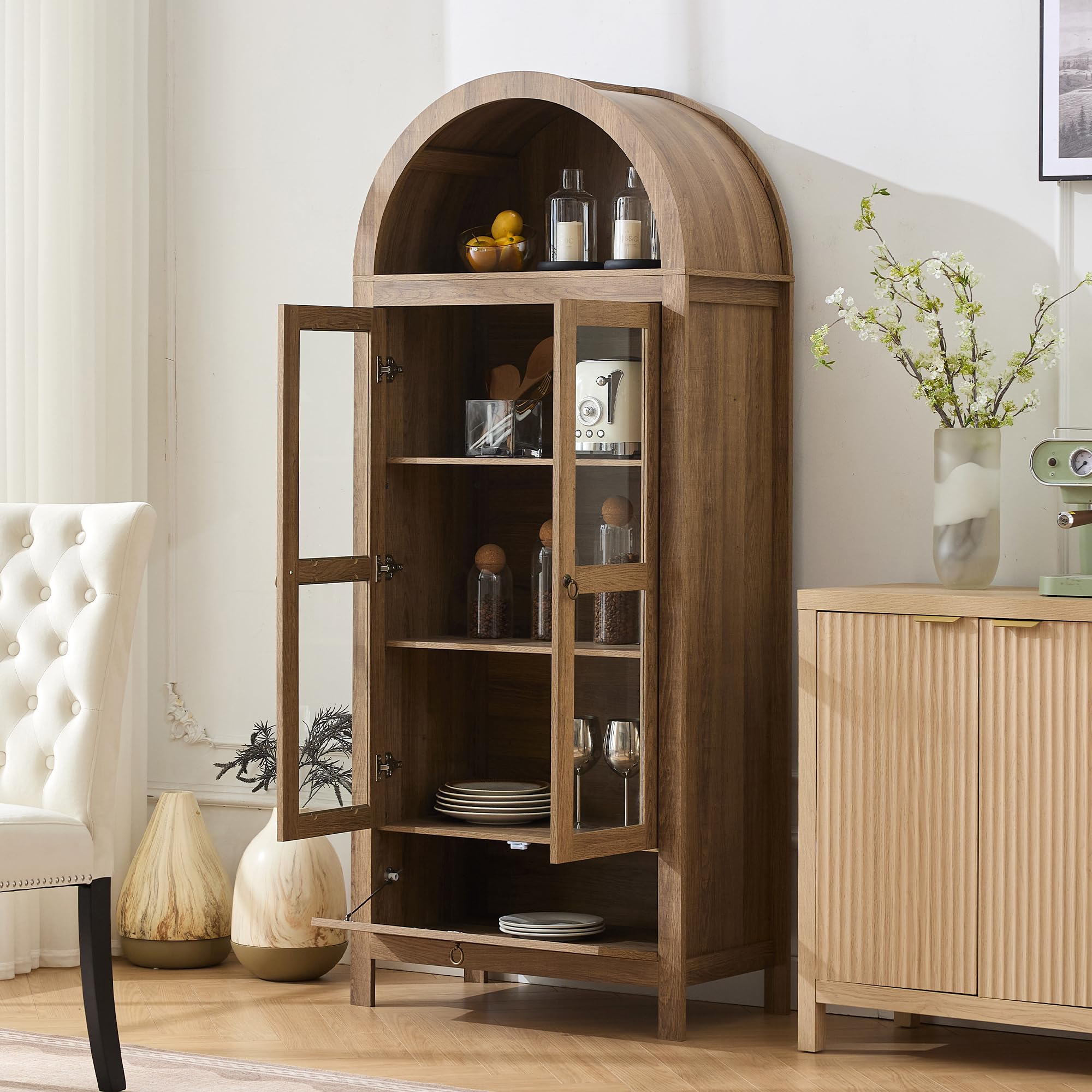 71" Tall Arched Pantry Cabinet with Drawer and Glass Door