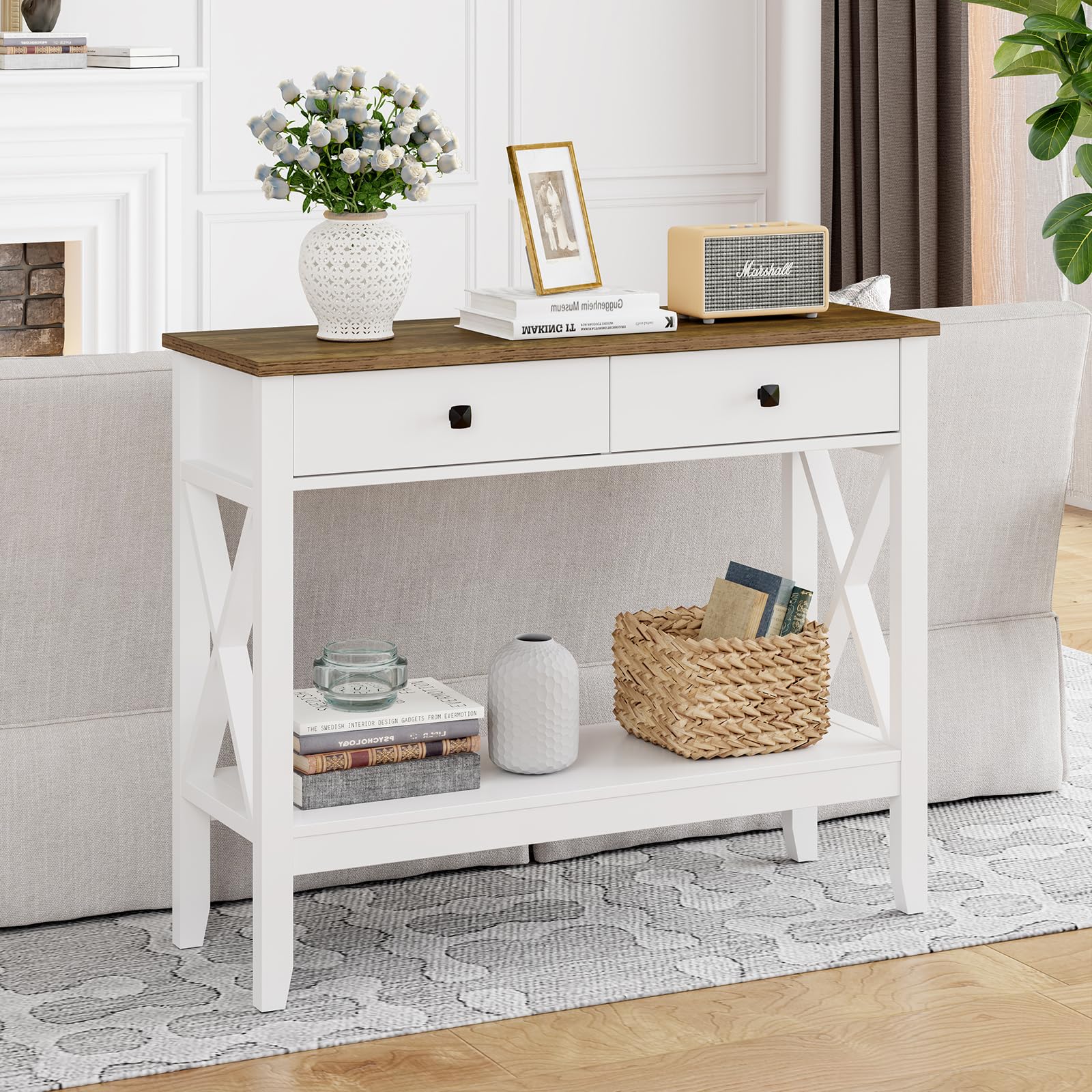 White Farmhouse Console Table with Drawers