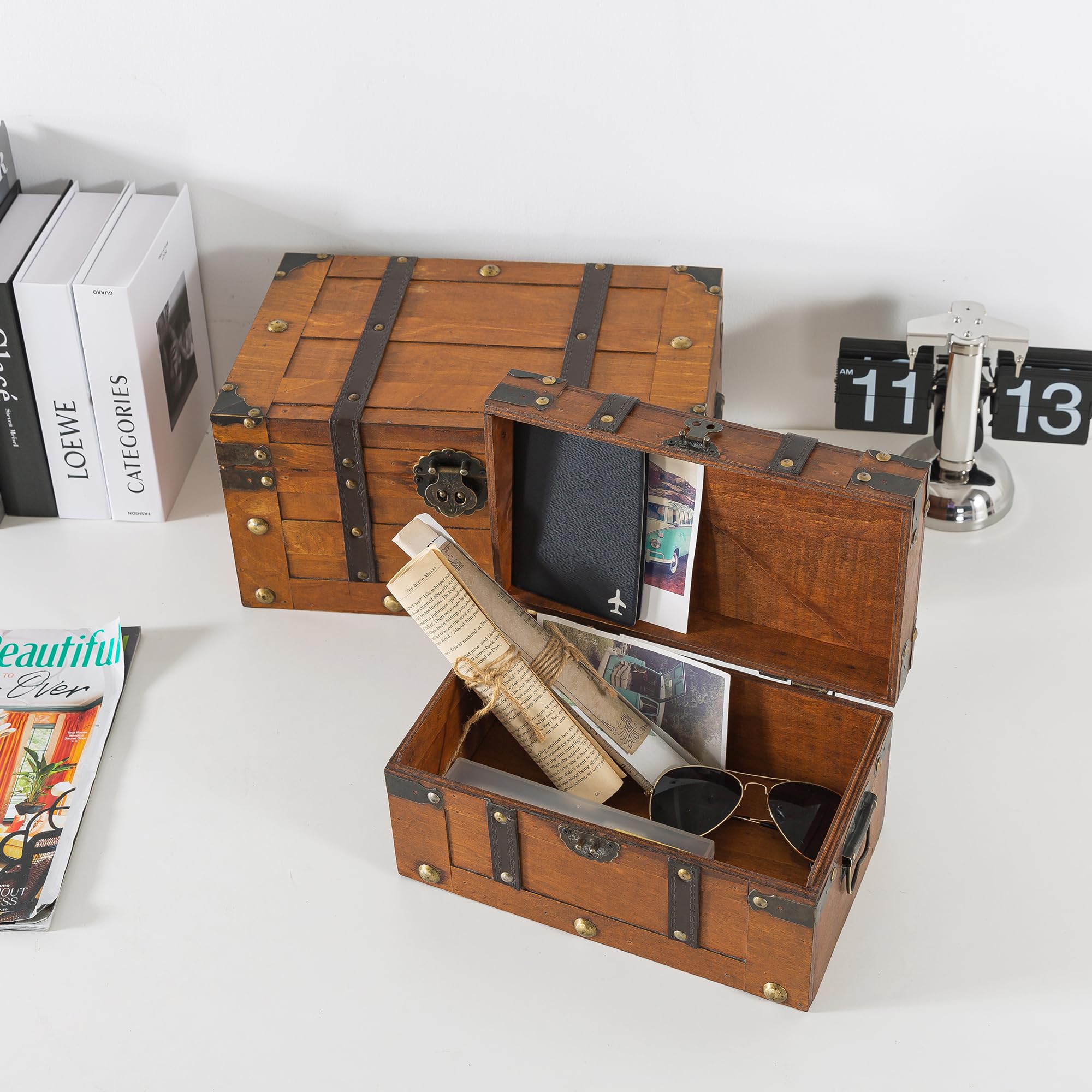 Wooden Treasure Chests Set of 2 with Hinged Lids