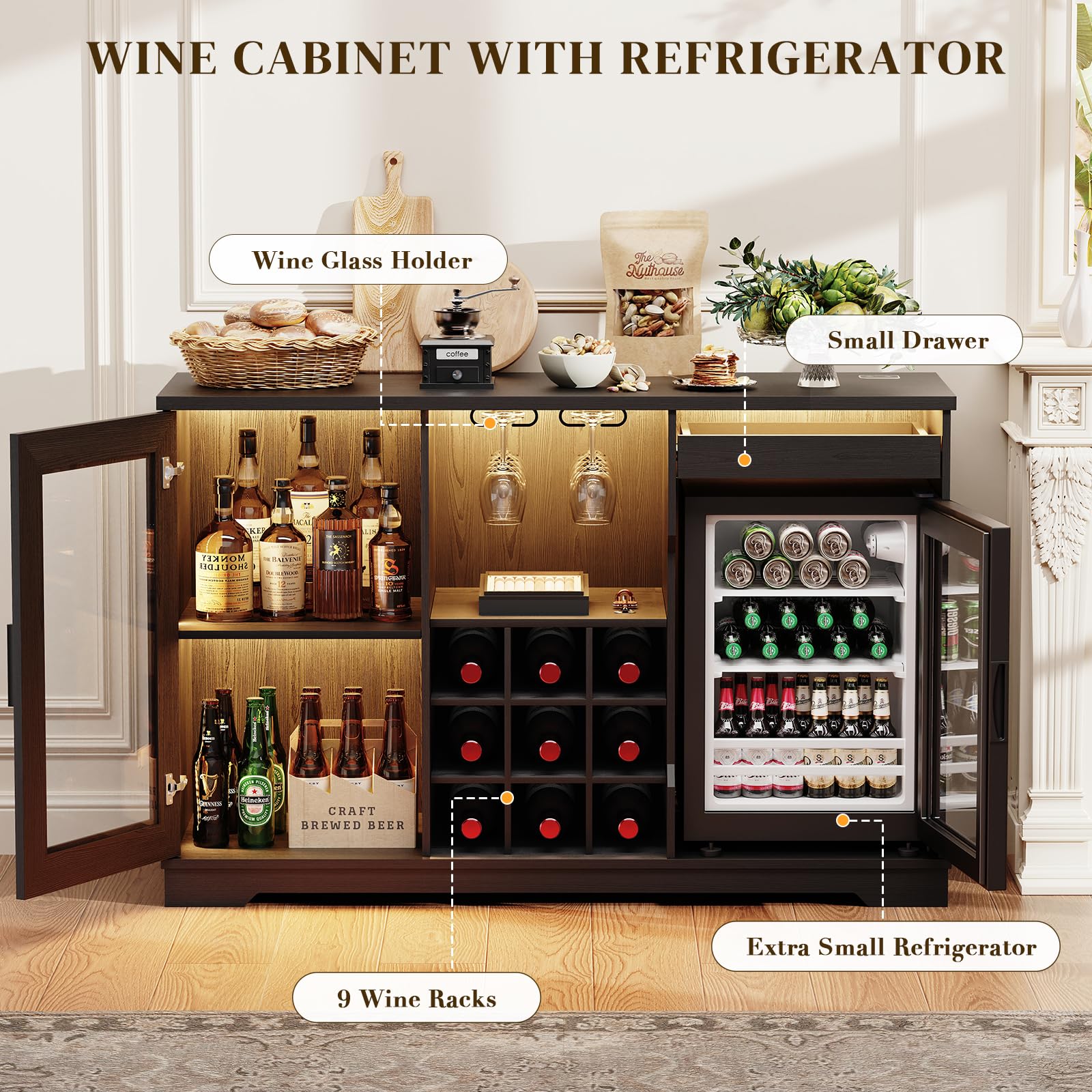 Wine Bar Cabinet with Fridge and LED Lights
