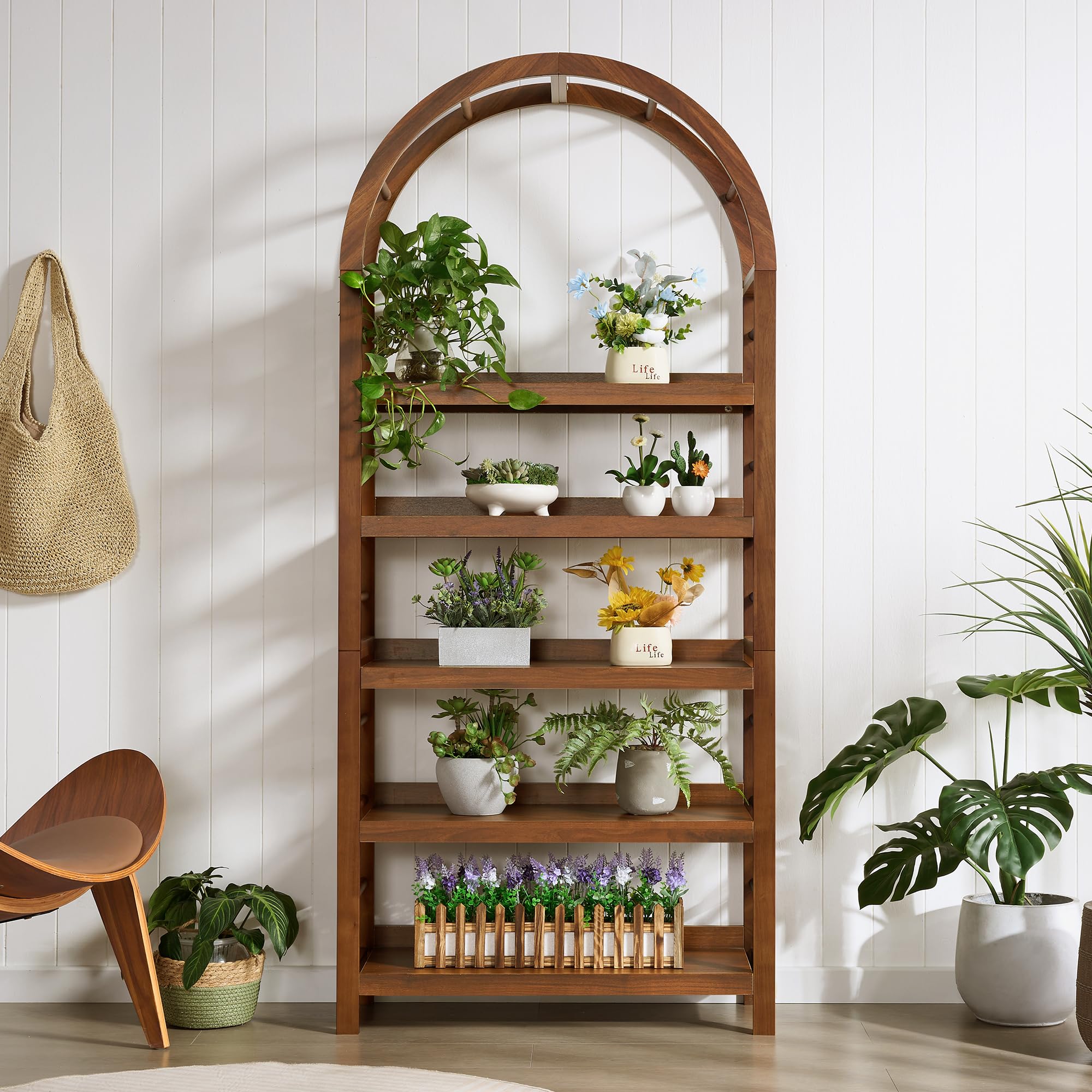 5-Tier Arched Bookshelf with Solid Wood Frame