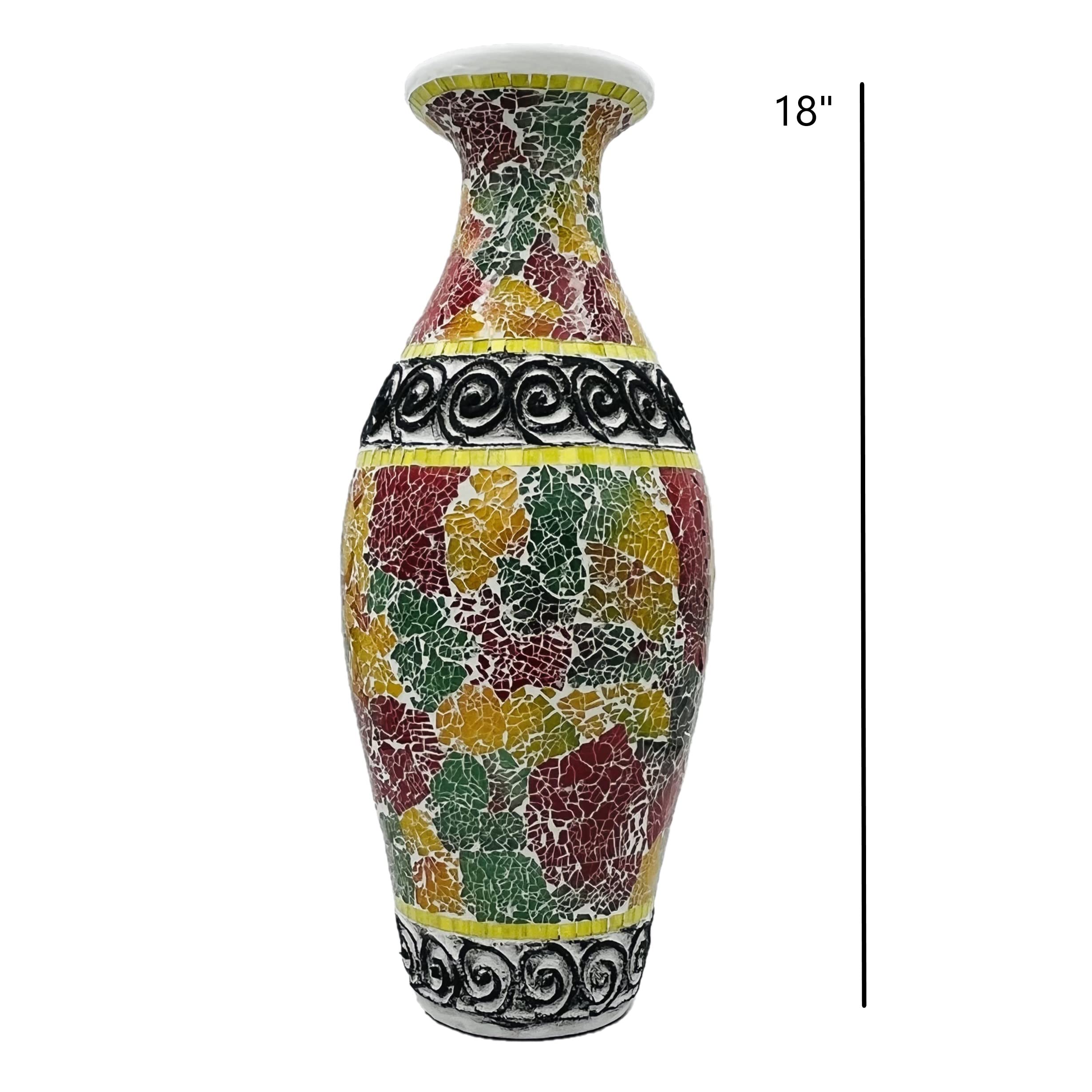 18 Inch Mosaic Floor Vase - Terracotta Cylinder with Red Green Glass