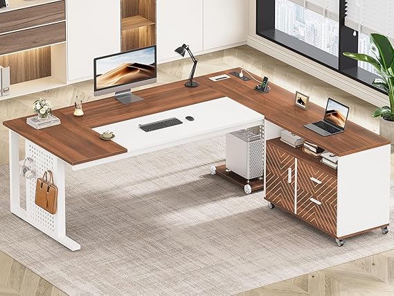 L-Shaped Executive Desk with Rolling File Cabinet