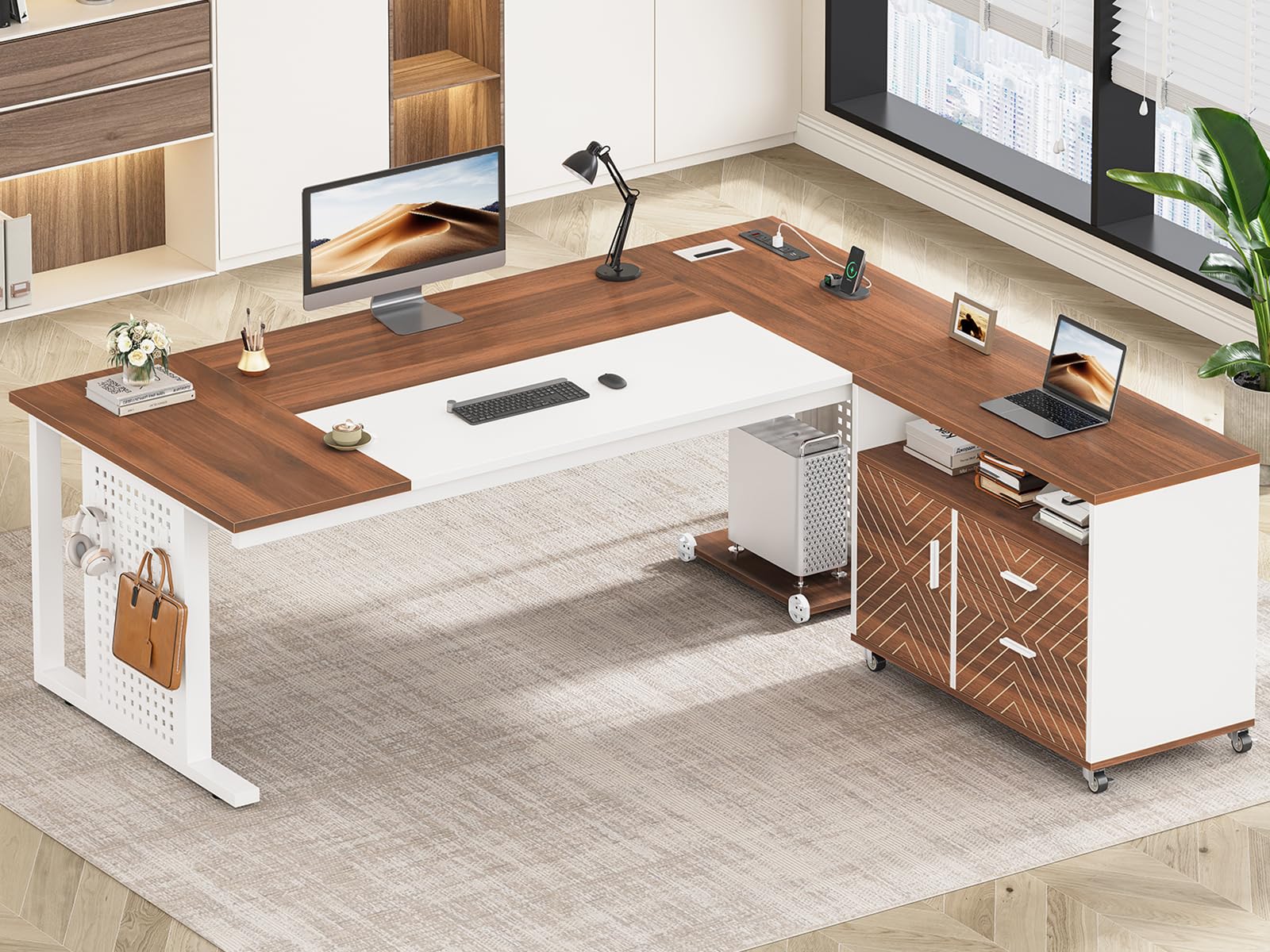 L-Shaped Executive Desk with Rolling File Cabinet