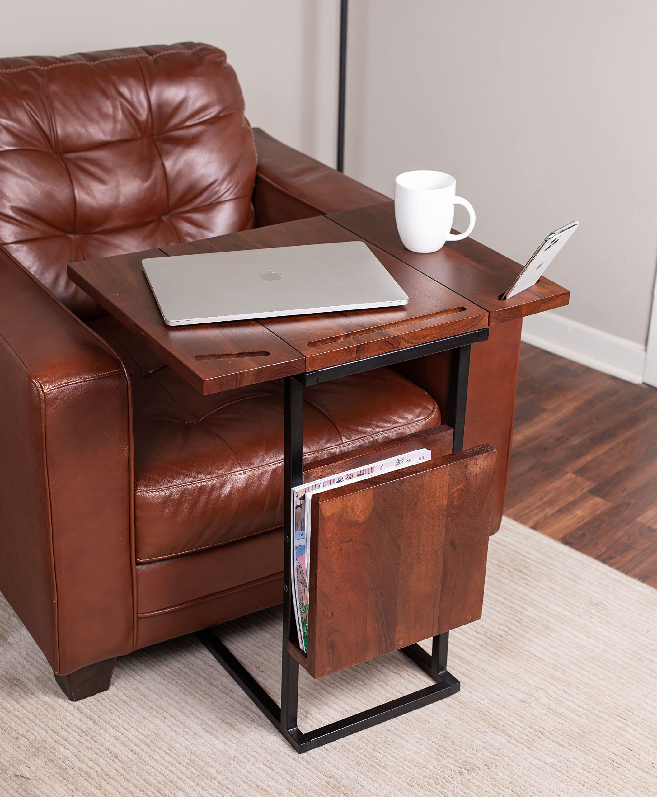 Acacia Wood Expandable C-Shaped Side Table with Phone & Tablet Stand