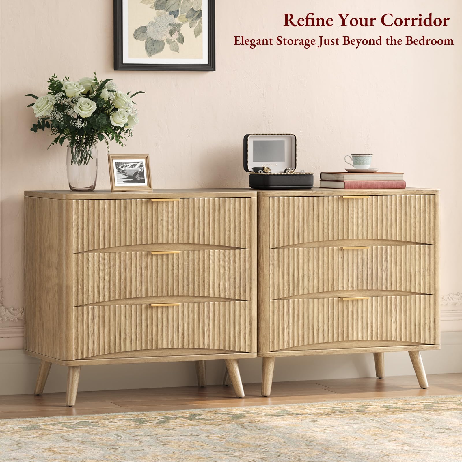 Oversized Fluted Nightstands Set of 2 - 3 Drawers