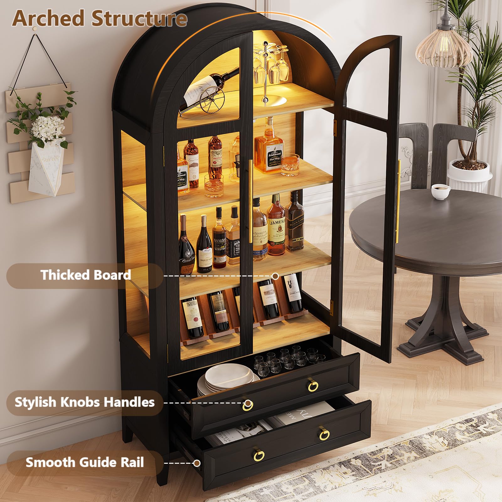 70.8" Arched Display Cabinet with LED Lights and Glass Doors