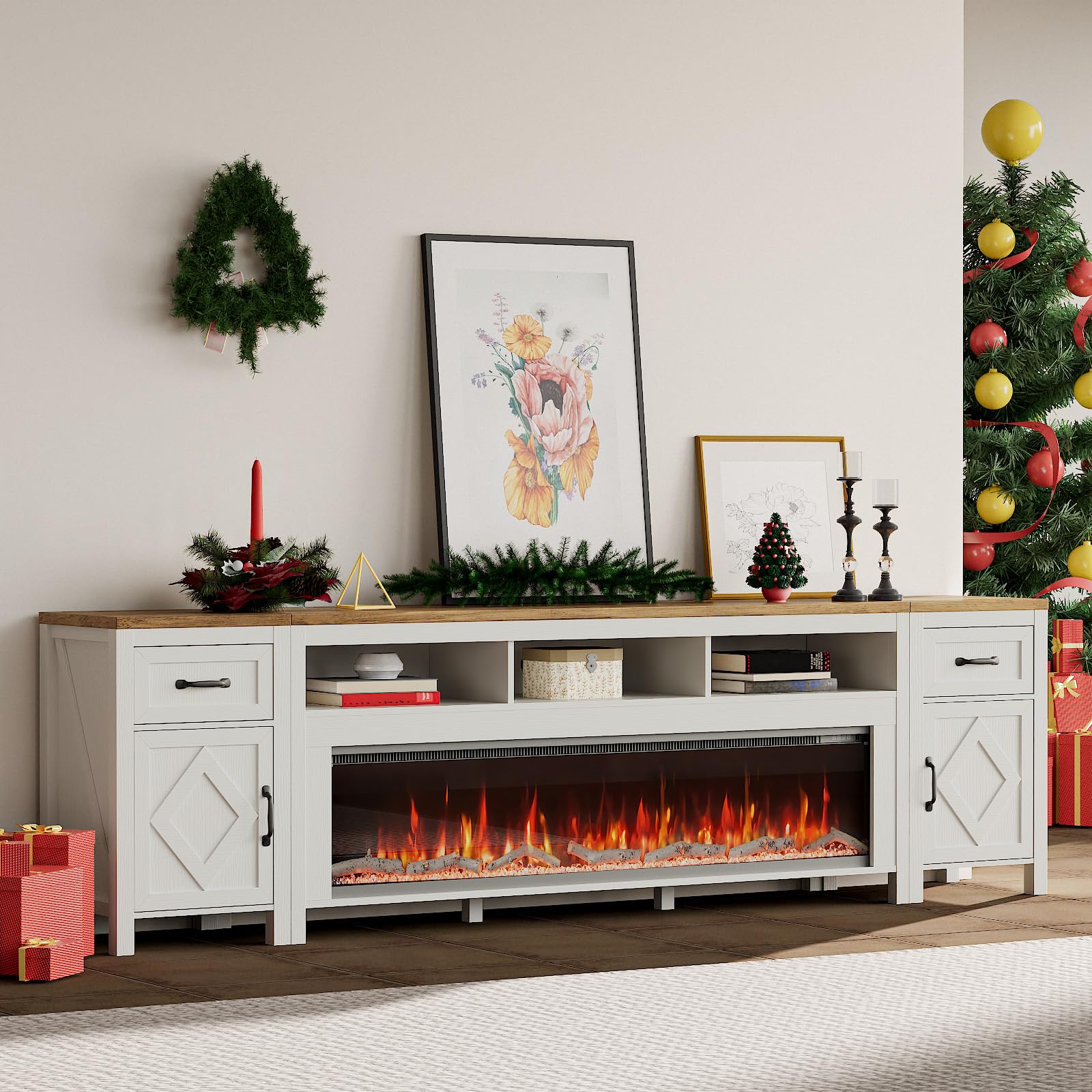 98 Inch Fireplace TV Stand with Electric Fireplace and Storage