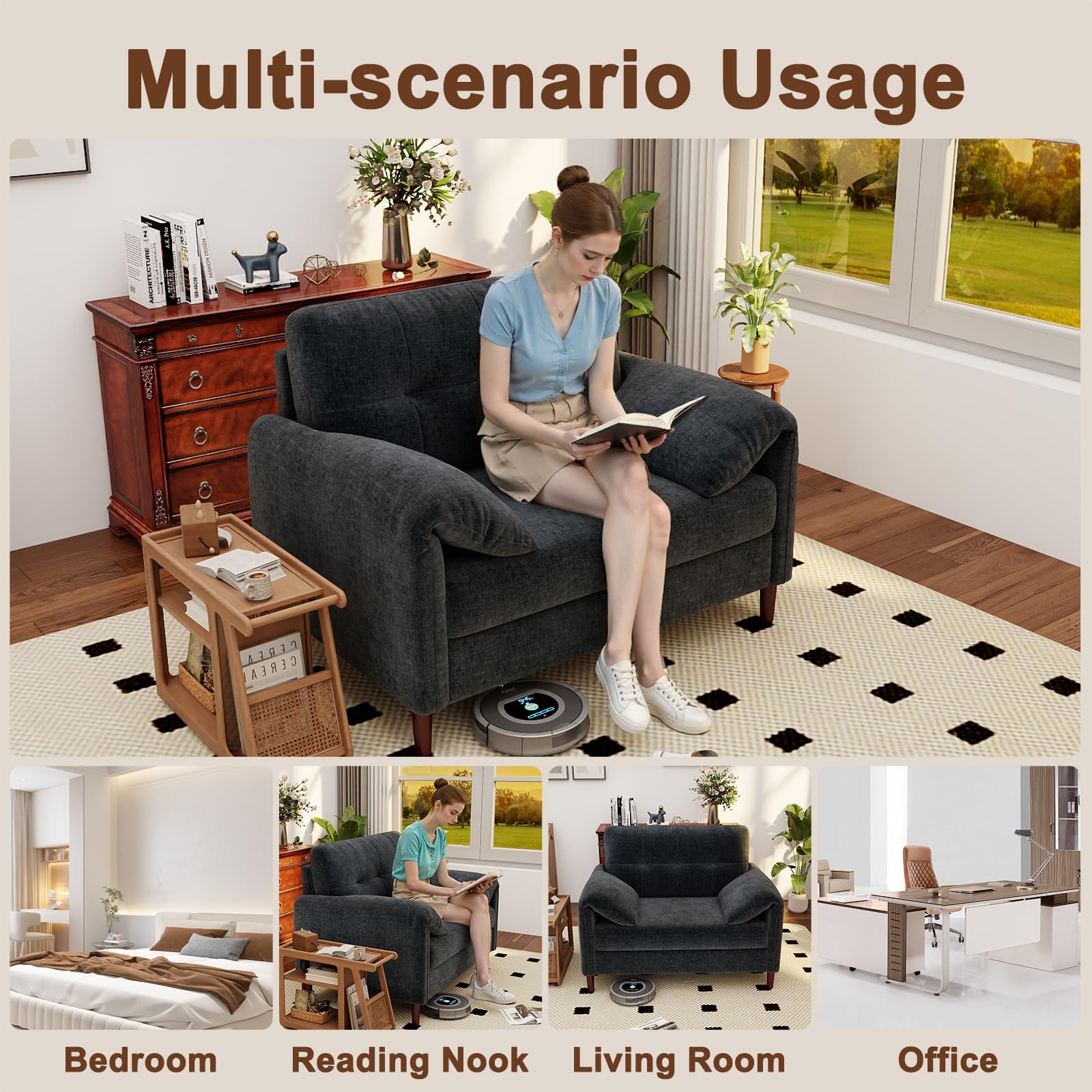 ZSDT 46'' W Oversized Chair, Chenille Loveseat Sofa with Deep Seat, Mid Century Modern Accent Chair for Living Room, Upholstered Comfy Armchair for Bedroom, Apartment, Studio, Office（1Pack Dark Grey）