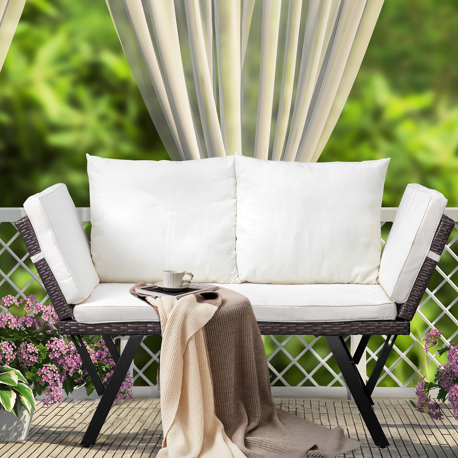 Outdoor Woven Rattan Loveseat with Adjustable Armrests