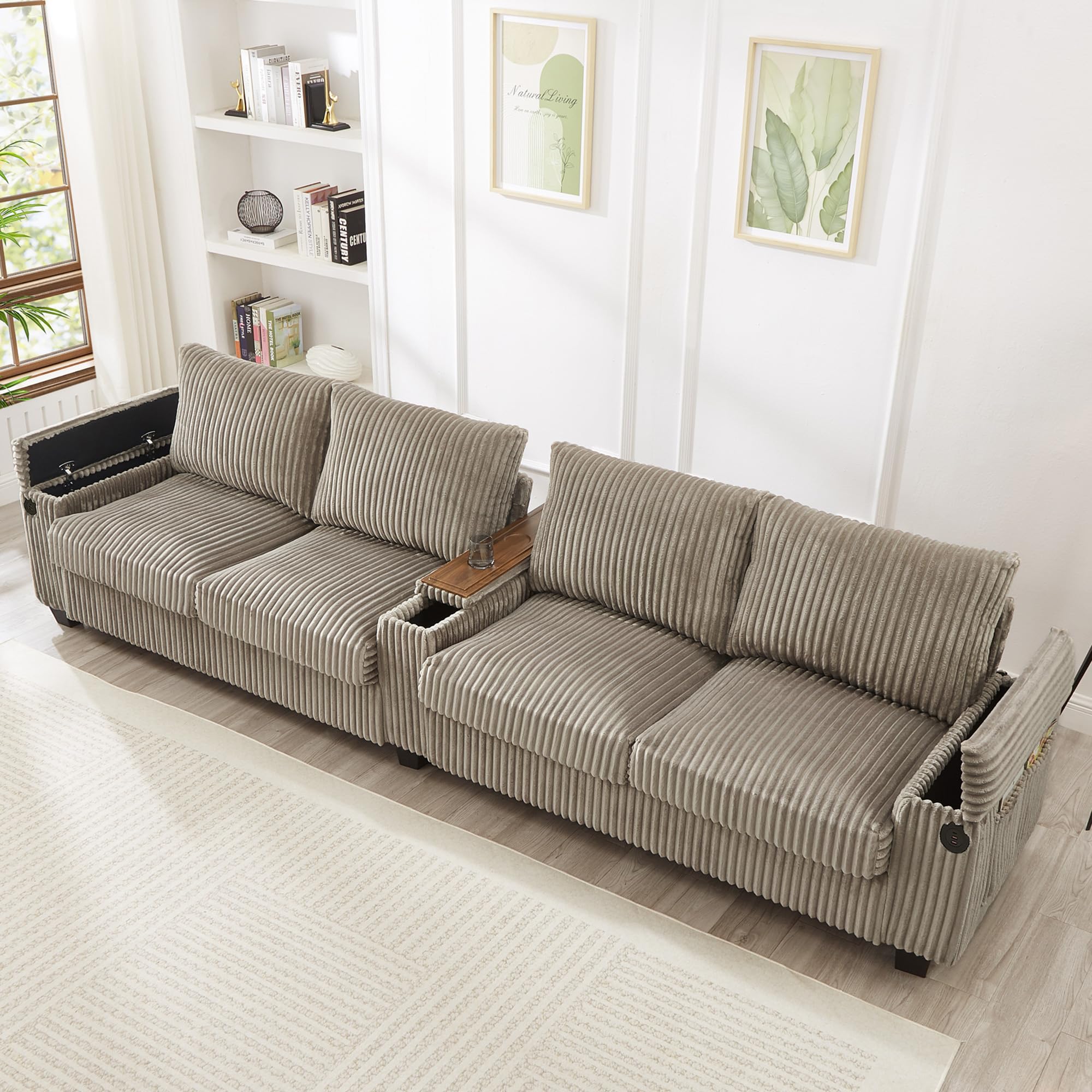 4-Seater Corduroy Sofa with USB Ports and Storage