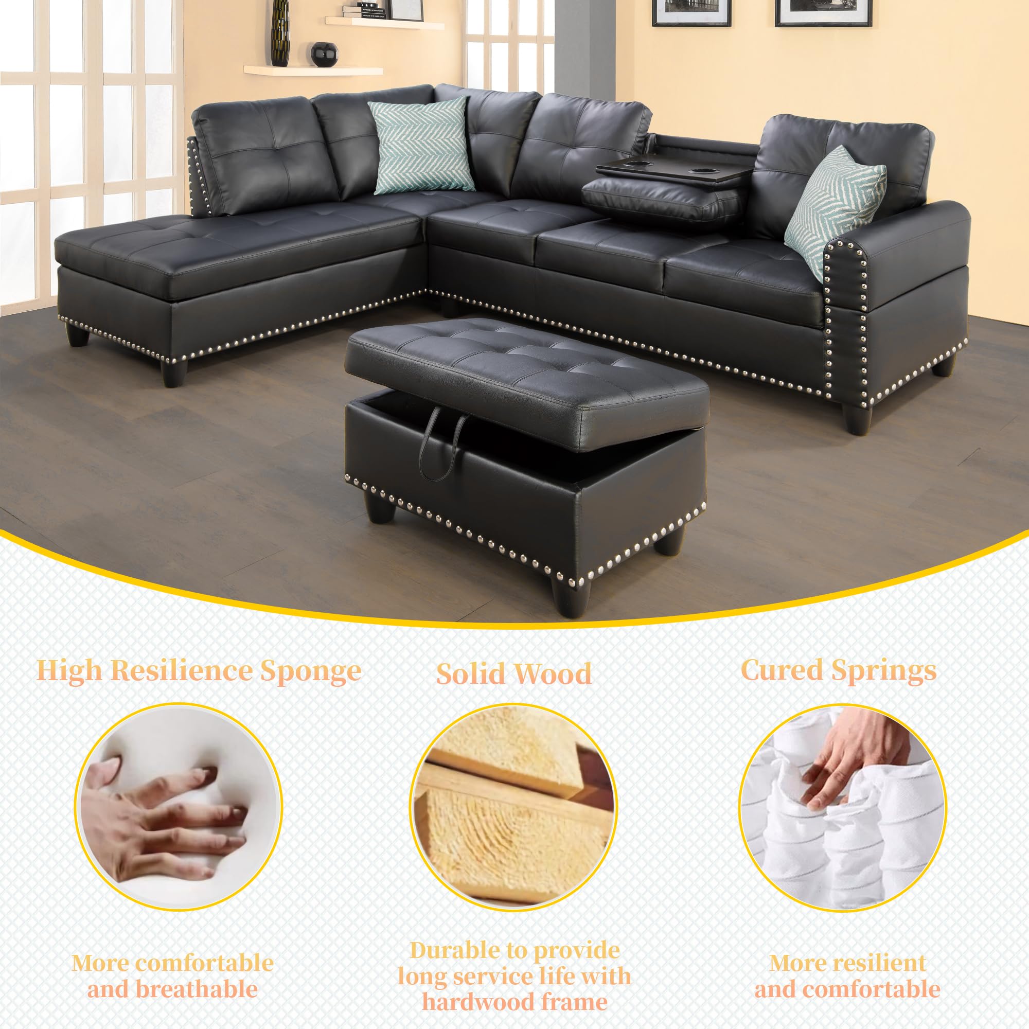 3-Piece Faux Leather Sectional Sofa with Storage Ottoman