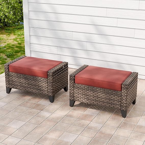 2 Pieces Outdoor Wicker Patio Footstools with Removable Cushions