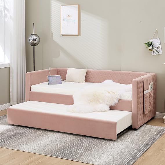 Twin Size Upholstered Daybed with Trundle and Charging Station