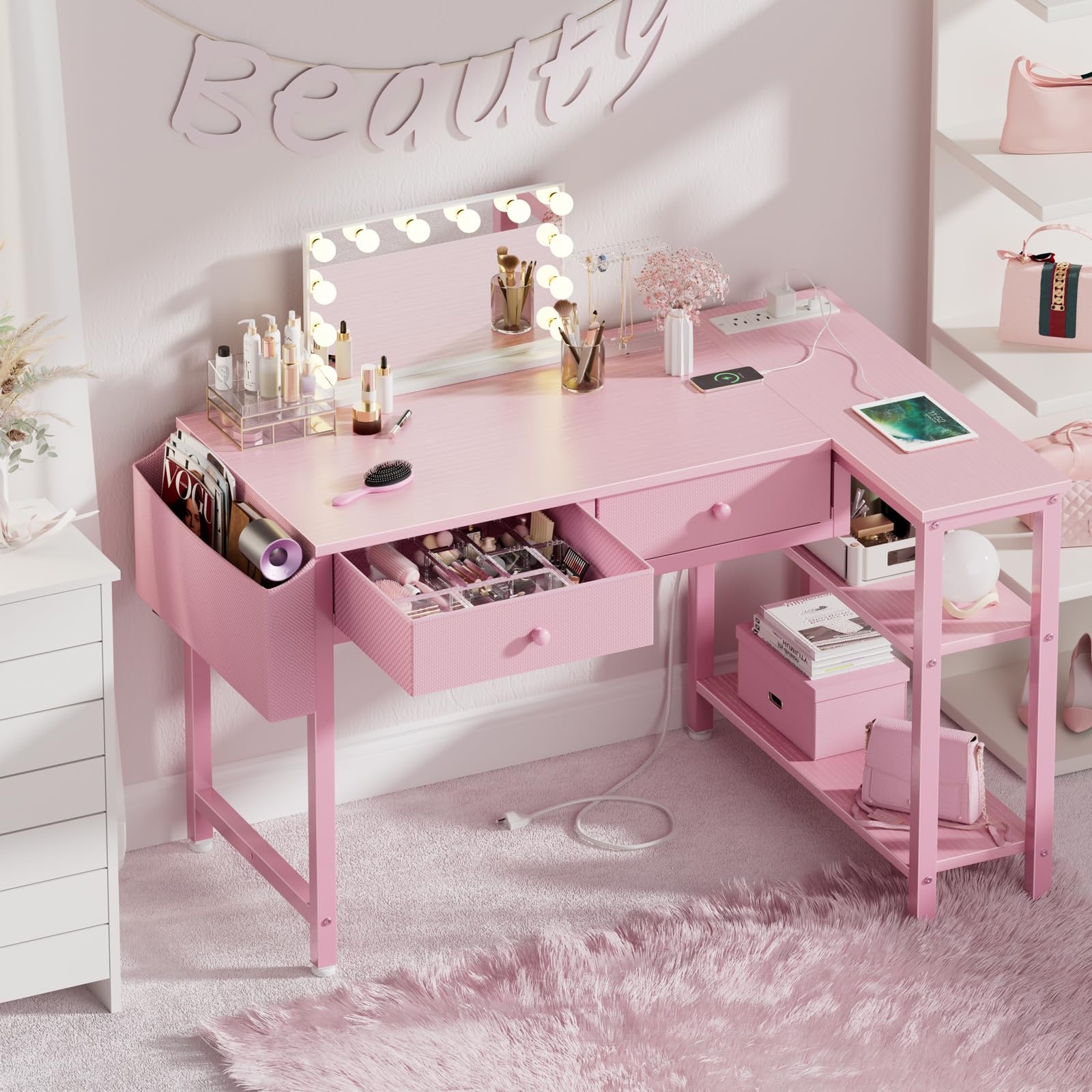 Pink Reversible L-Shaped Desk with Drawers and Shelves