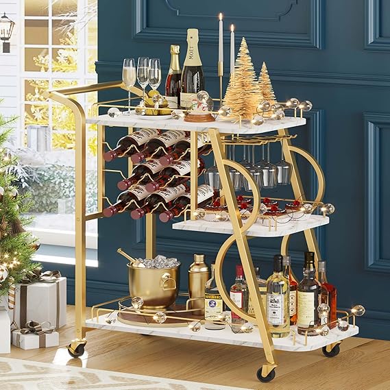 3-Tier Gold Bar Cart with Wine Glass Holder
