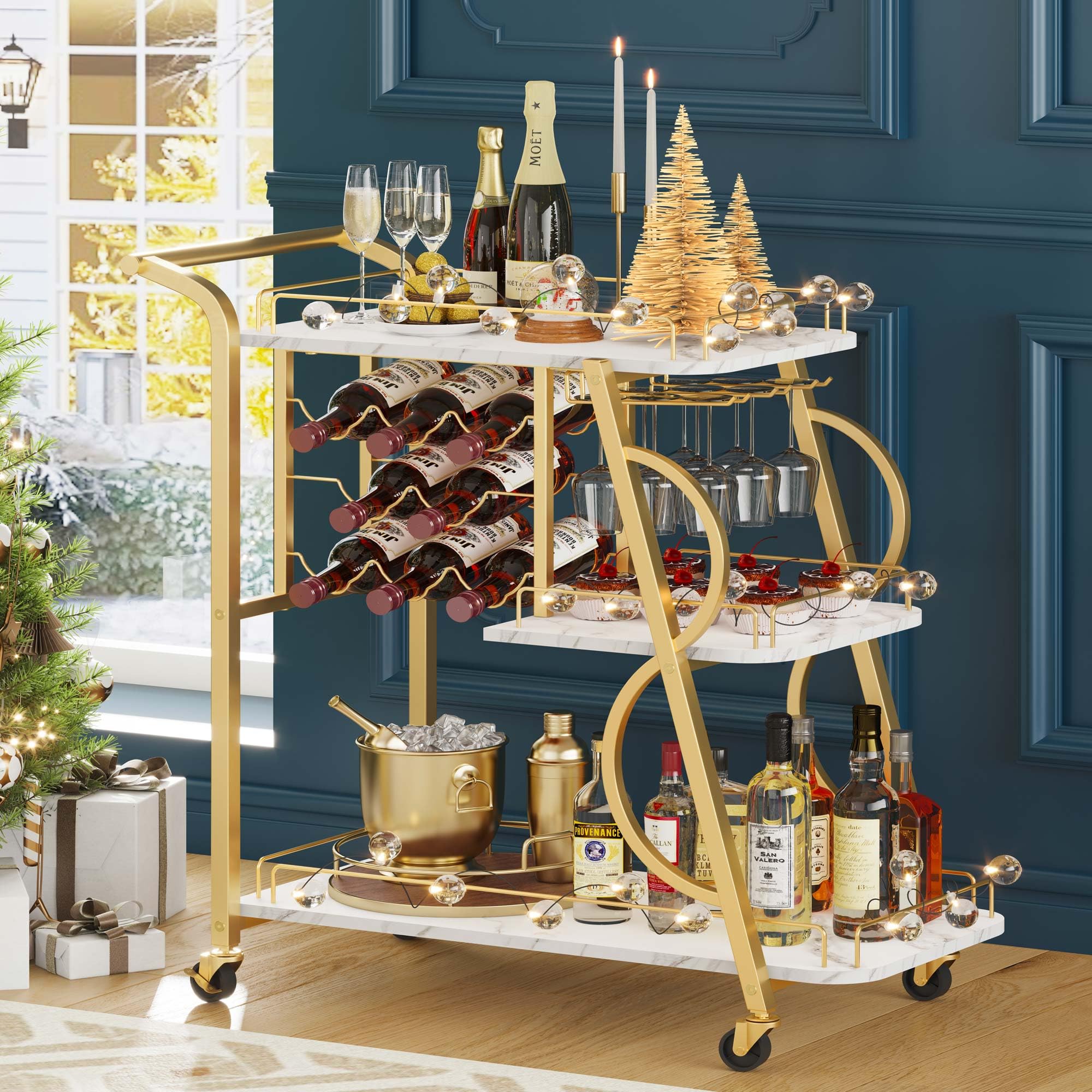 3-Tier Gold Bar Cart with Wine Glass Holder
