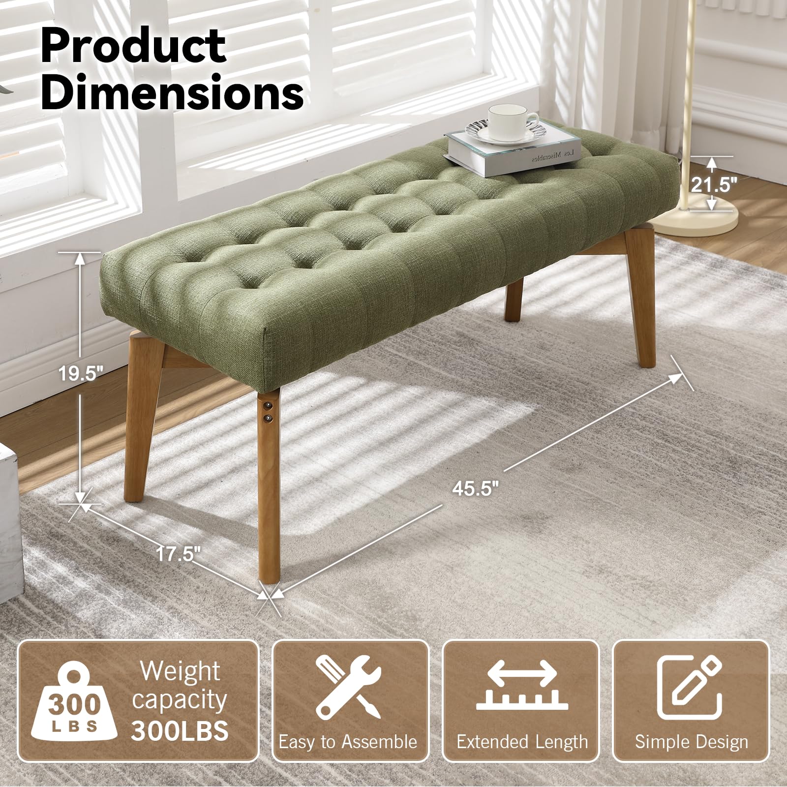 Tufted Linen Upholstered Bench 45.5"