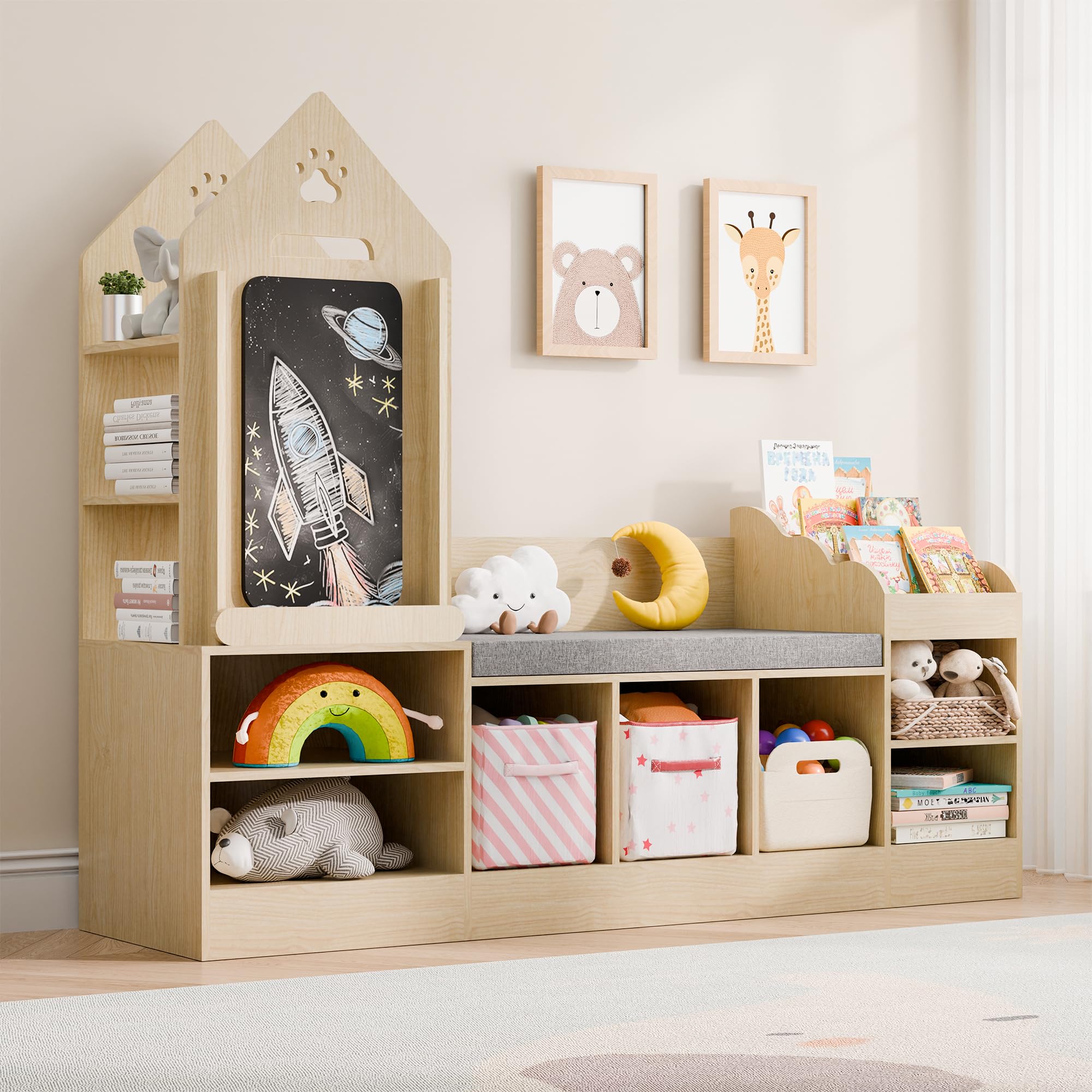 Kids Bookshelf with Reading Nook and Chalkboard