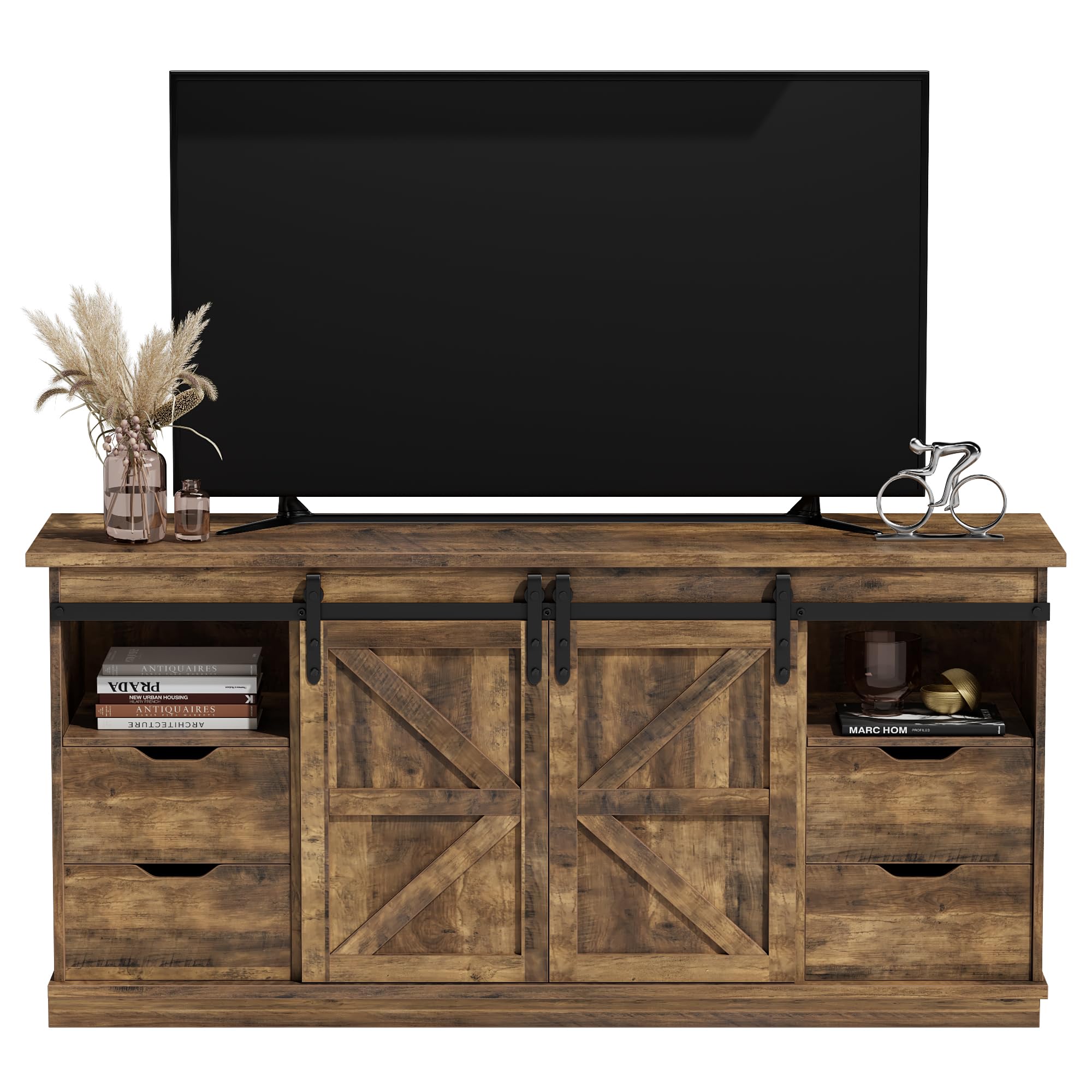 TV Stand with 4 Drawers and Sliding Barn Doors for 65 Inch TV