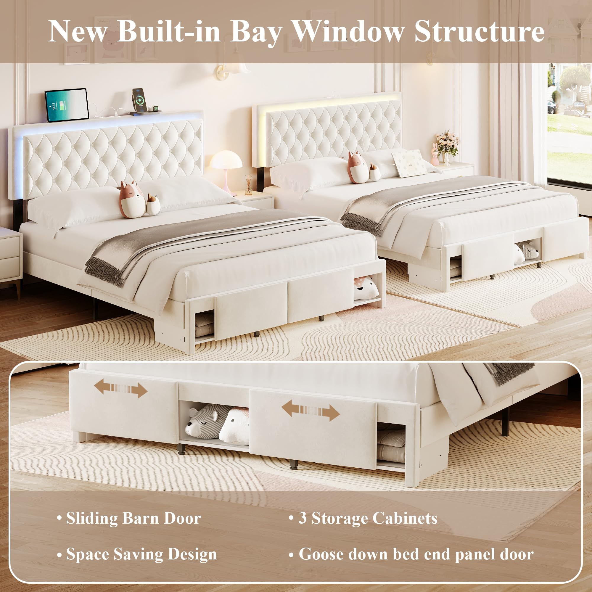 Queen Bed Frame with LED Headboard and Storage