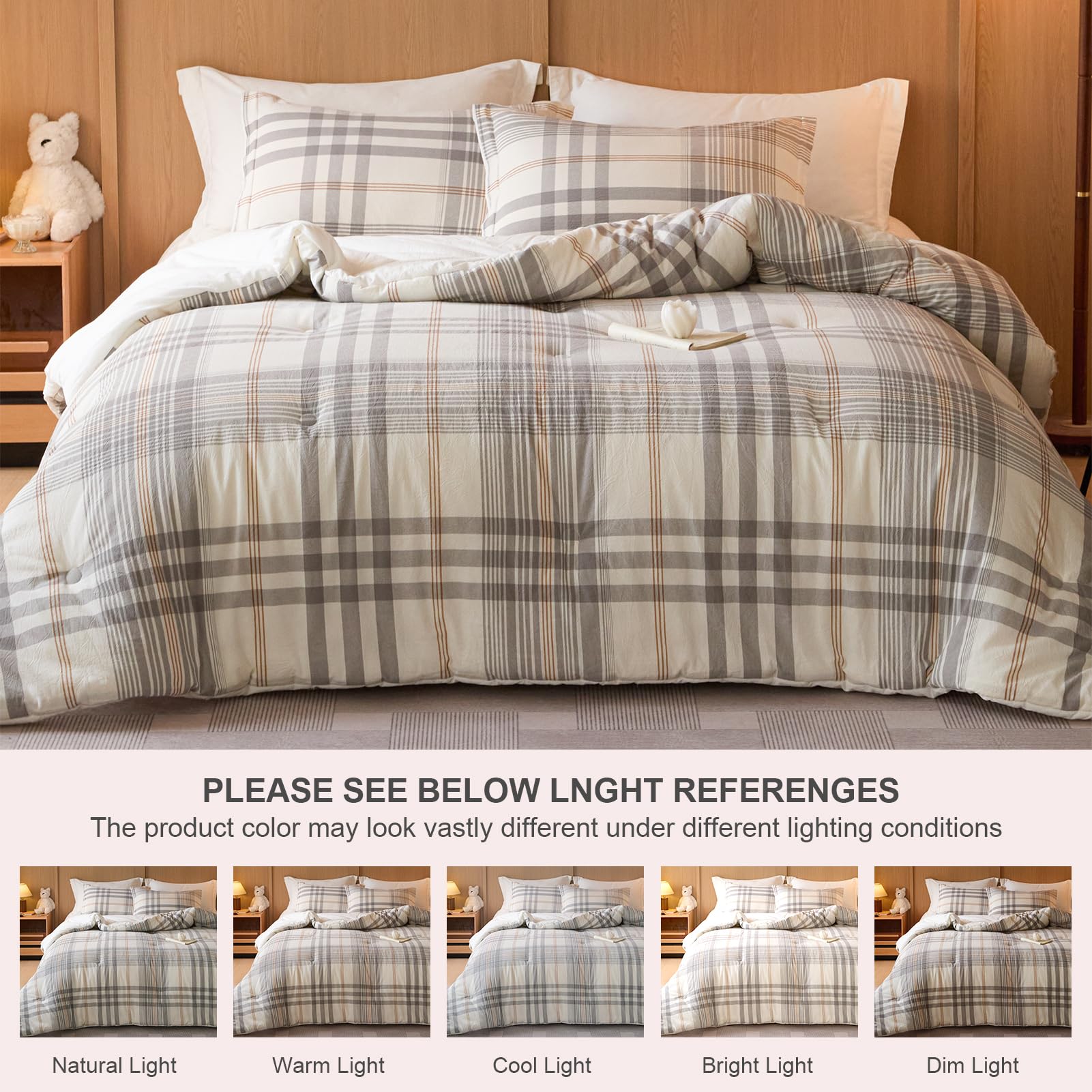 3-Piece Queen Cotton Comforter Set Grey White Plaid