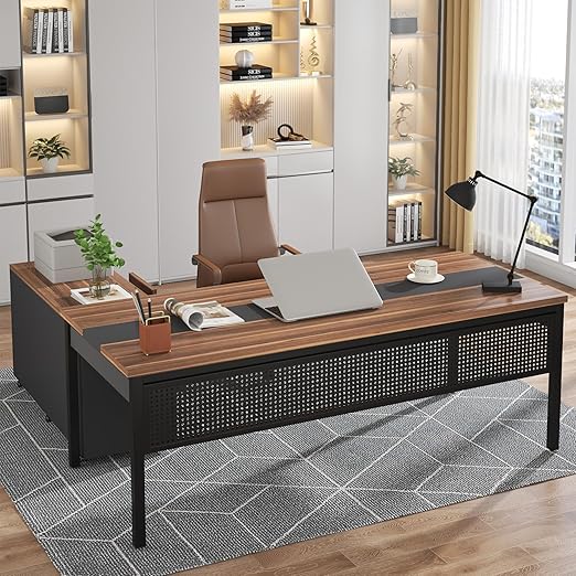 70.8" L-Shaped Executive Office Desk with File Cabinet Combo