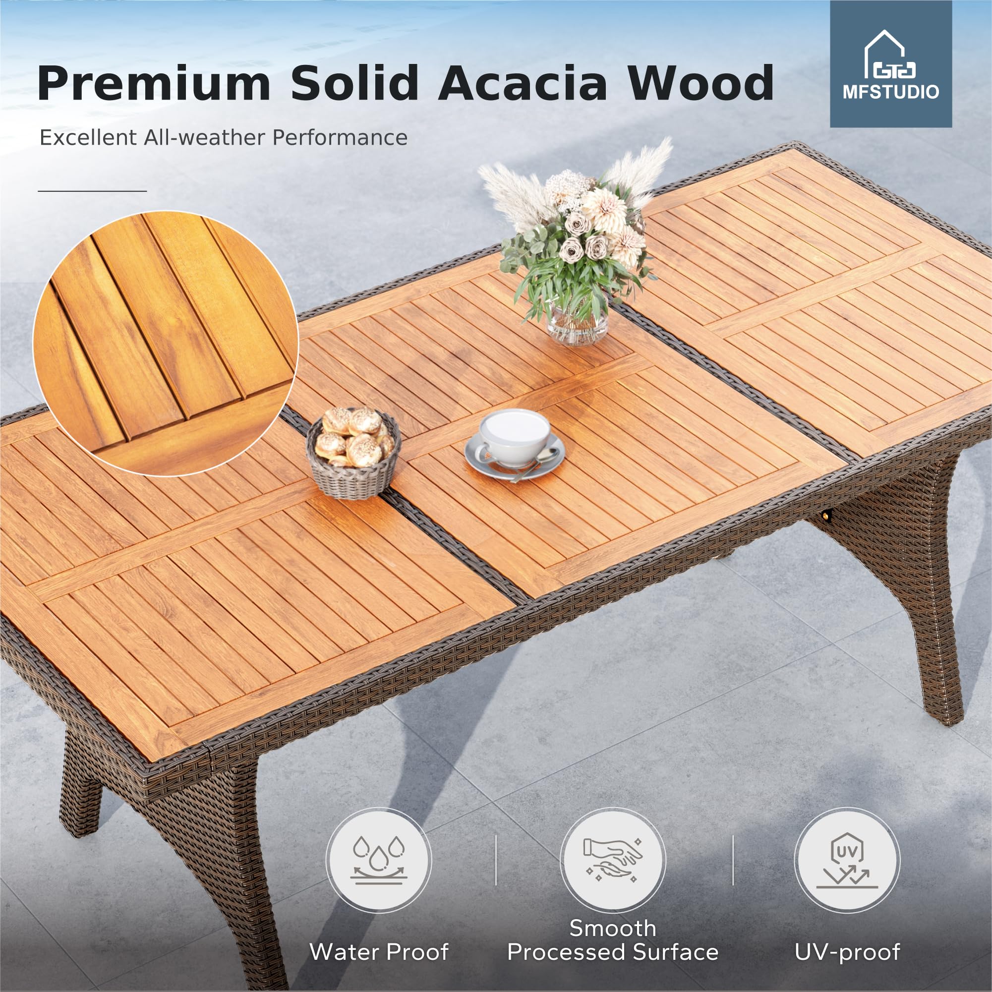 Wicker Outdoor Dining Table with Acacia Wood Top for 6 Persons