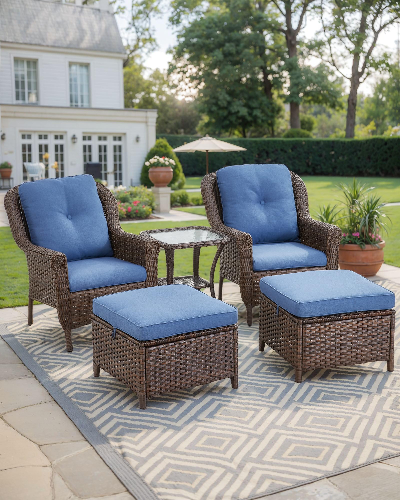 Outdoor Wicker Ottoman Set - 2 Piece Navy Blue