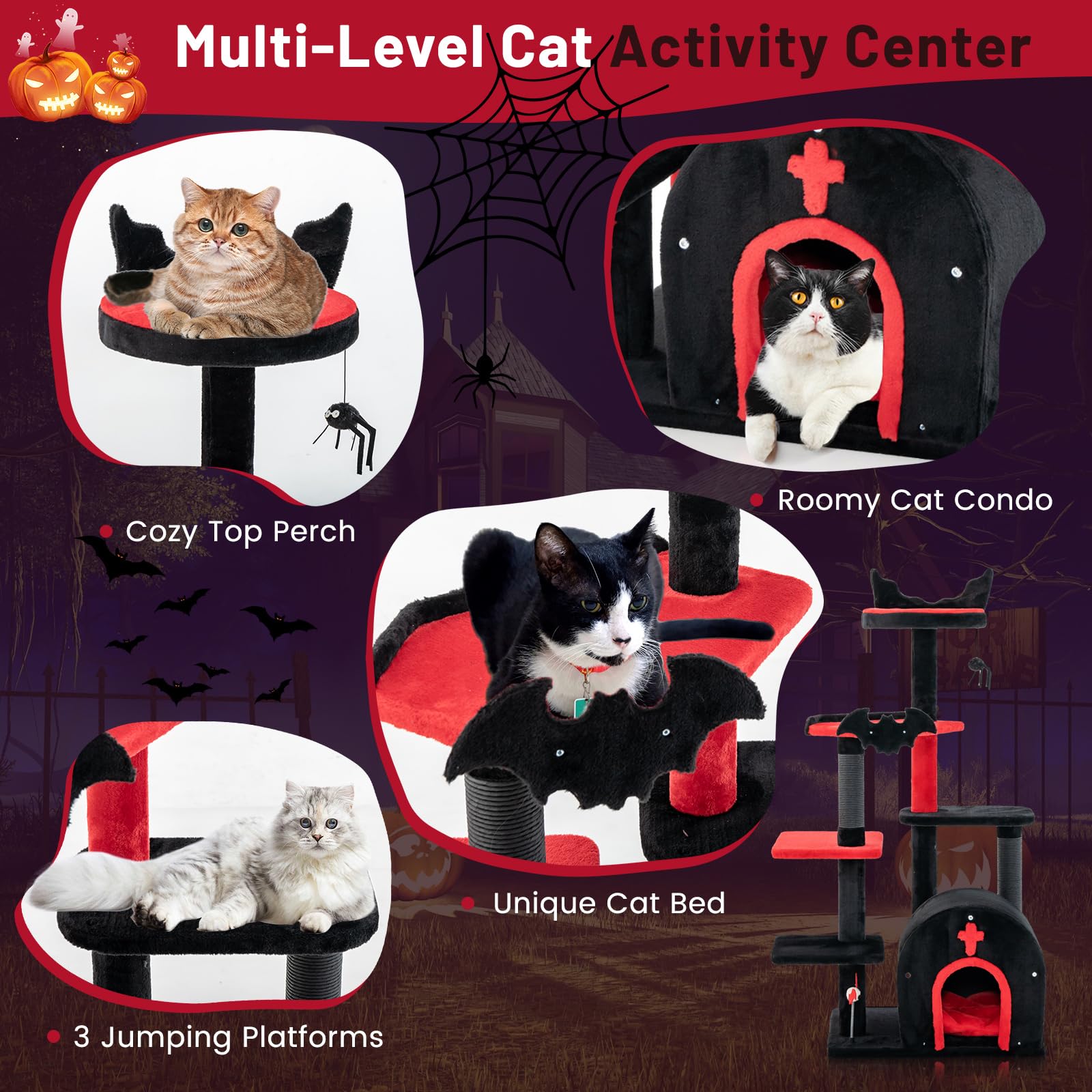 Gothic Cat Tree 53 Inch with Coffin Bed