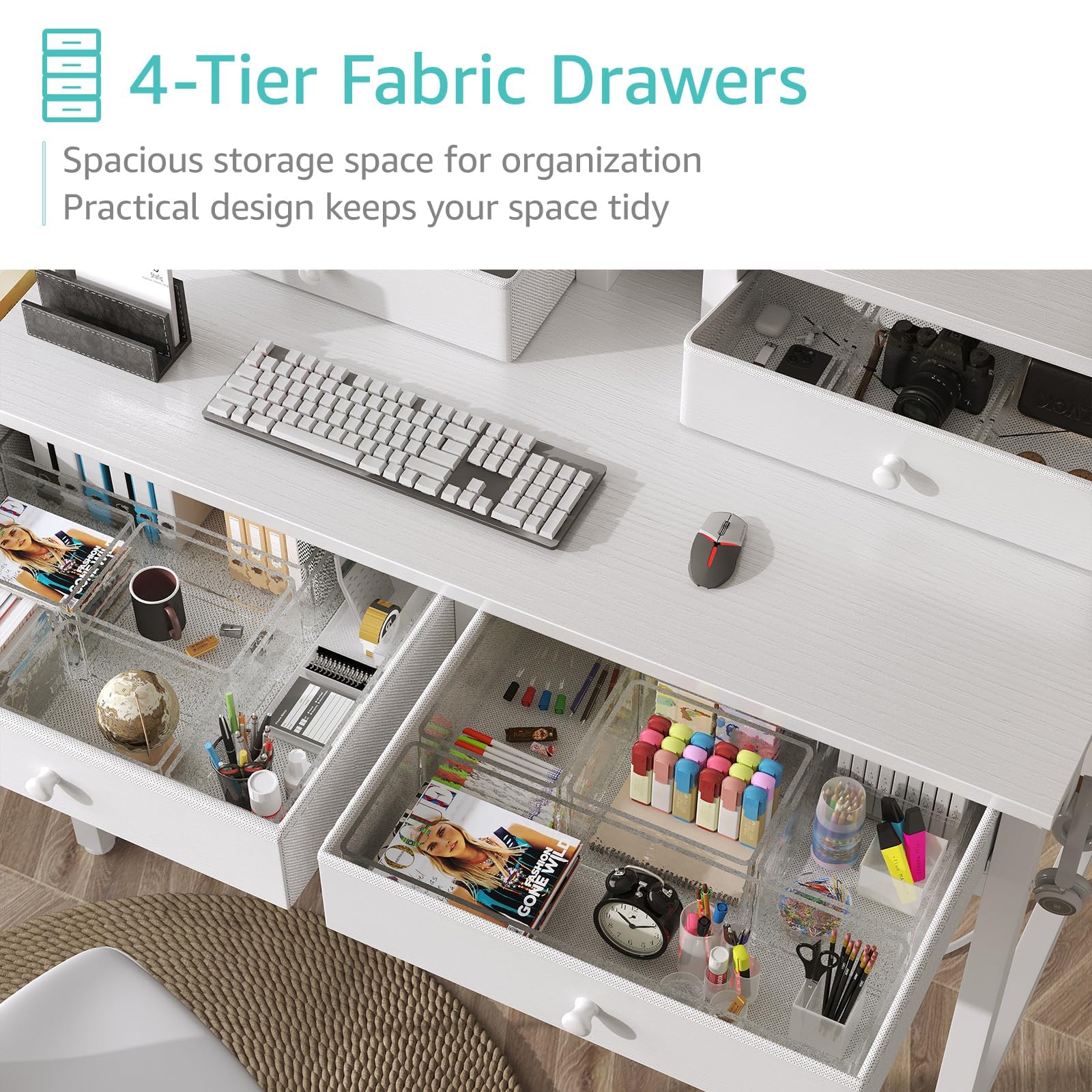 Small White Kids Desk with Fabric Drawers and Monitor Stand