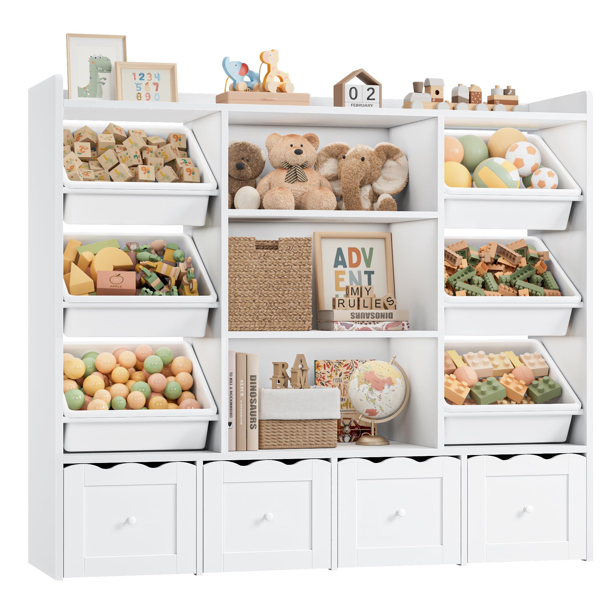 HITHOS 55" W Kids Toy Storage Organizer, Large Toy Box with Bookshelf, Toy Chest with 3 Cubes Storage Organizer, 6 Toy Organizers and Storage Bins, 4 Rolling Drawers for Kids Room, Playroom, White