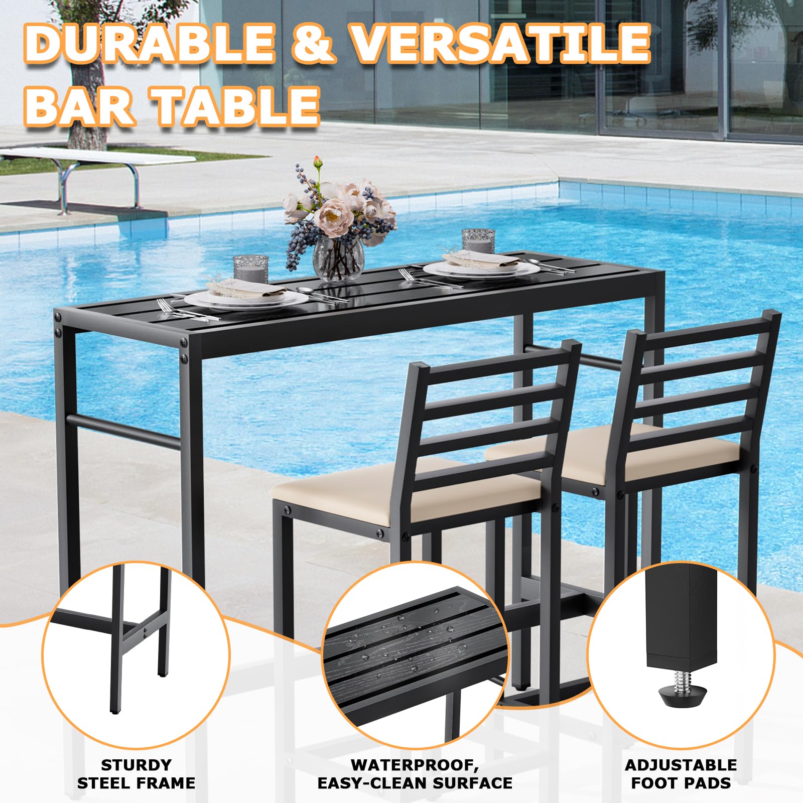 3 Piece Outdoor Patio Bar Set with Cushioned Stools
