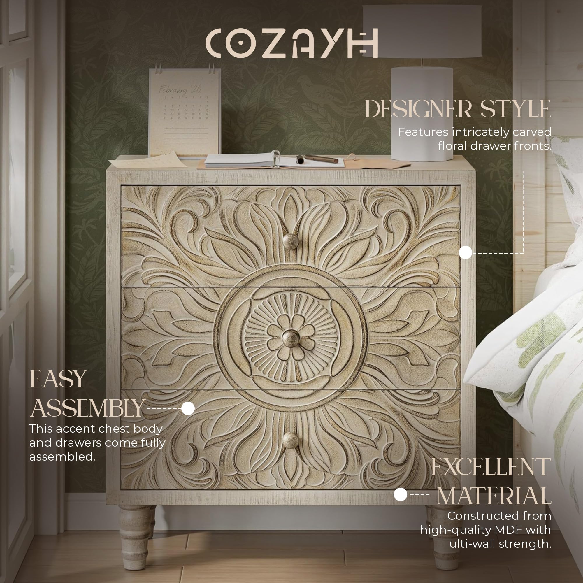 3-Drawer Carved Floral Dresser with Distressed White Finish
