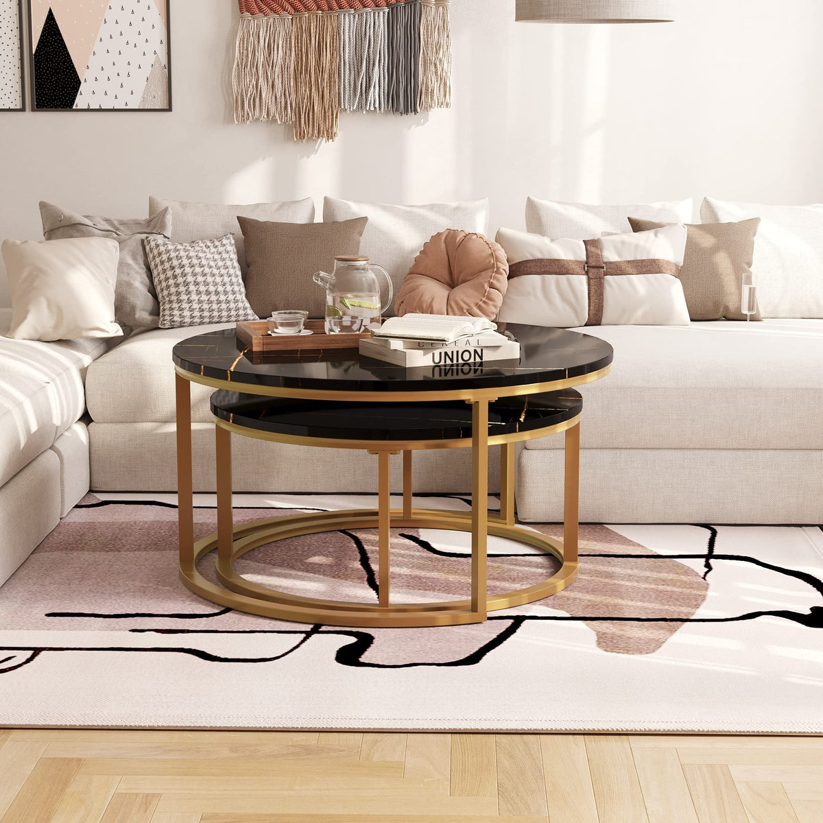 Round Nesting Coffee Tables Set of 2 - Gold Frame with Black Marble Top