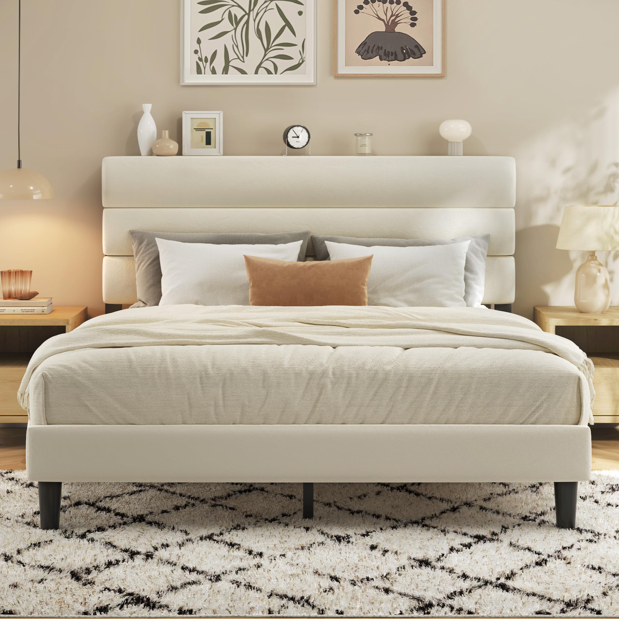 Queen Platform Bed Frame with Velvet Upholstered Headboard