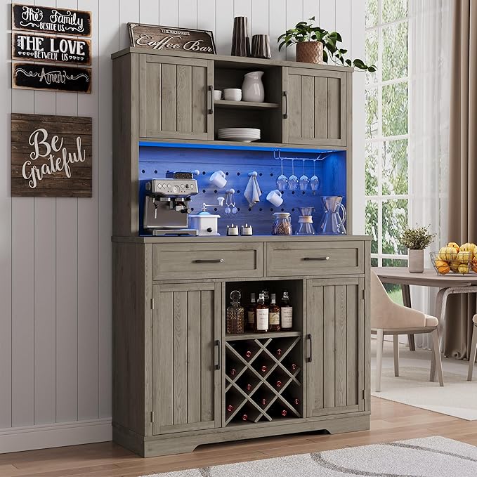 Coffee Bar Cabinet with Power Outlet & LED Light