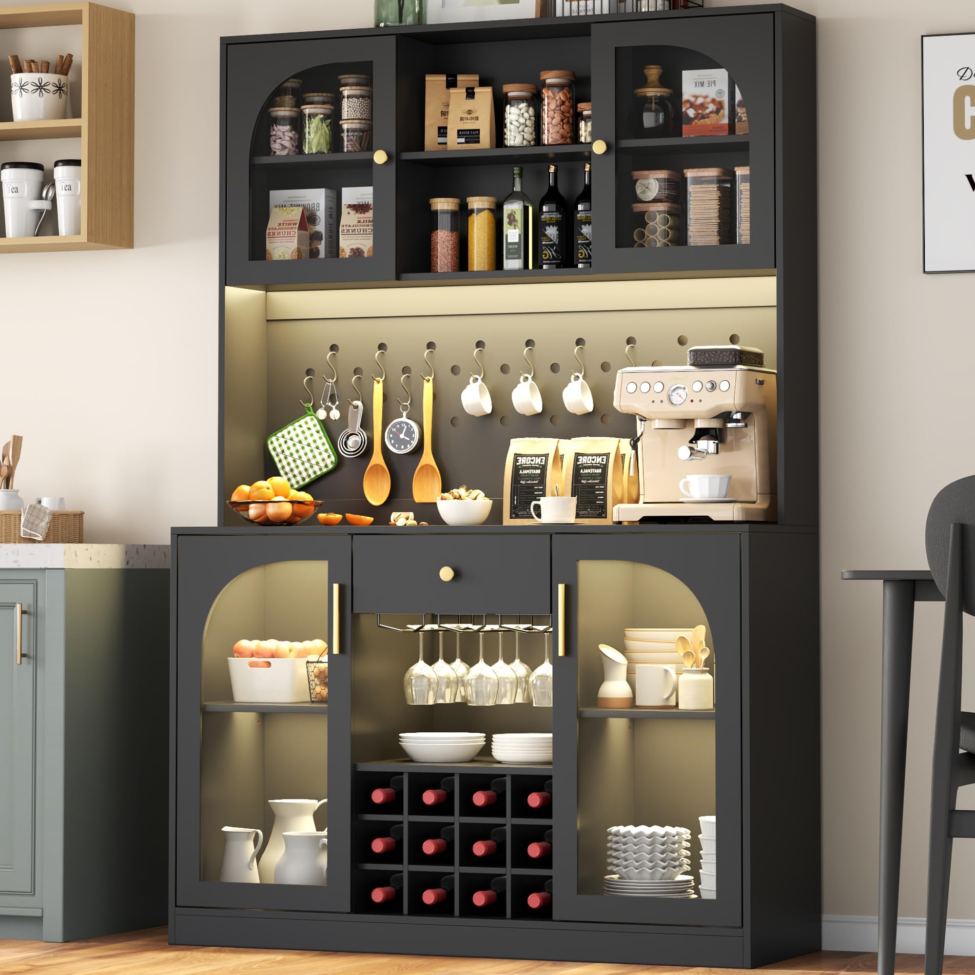 71.8" Tall Kitchen Pantry Cabinet with LED Light and Wine Rack