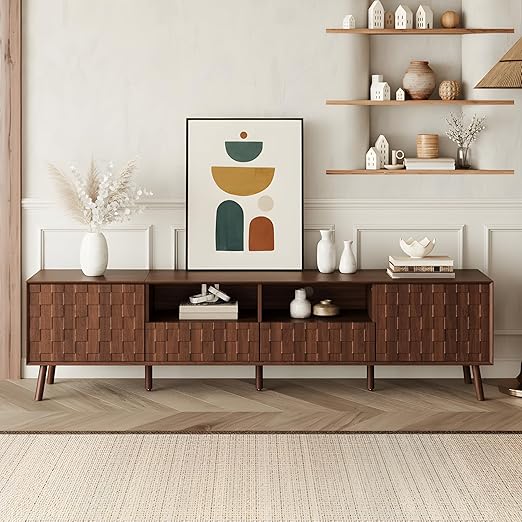 Merax 78" TV Stand for TVs Up to 85", Modern Entertainment Center with 2 Doors, 2 Drawers, and Open Shelves, Media Console with Unique Mosaic Front Design for Living Room