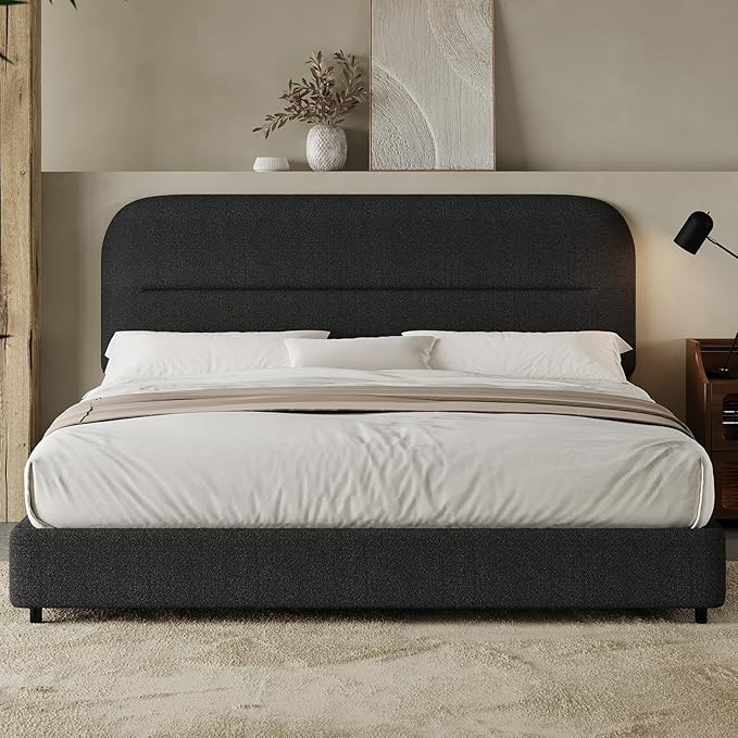 Twin Size Boucle Upholstered Bed Frame with Adjustable Headboard