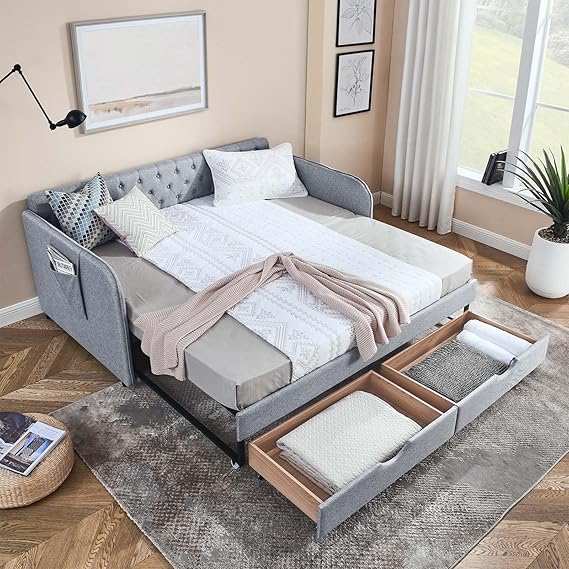 80.5" Tufted Linen Daybed with Trundle and Storage Drawer