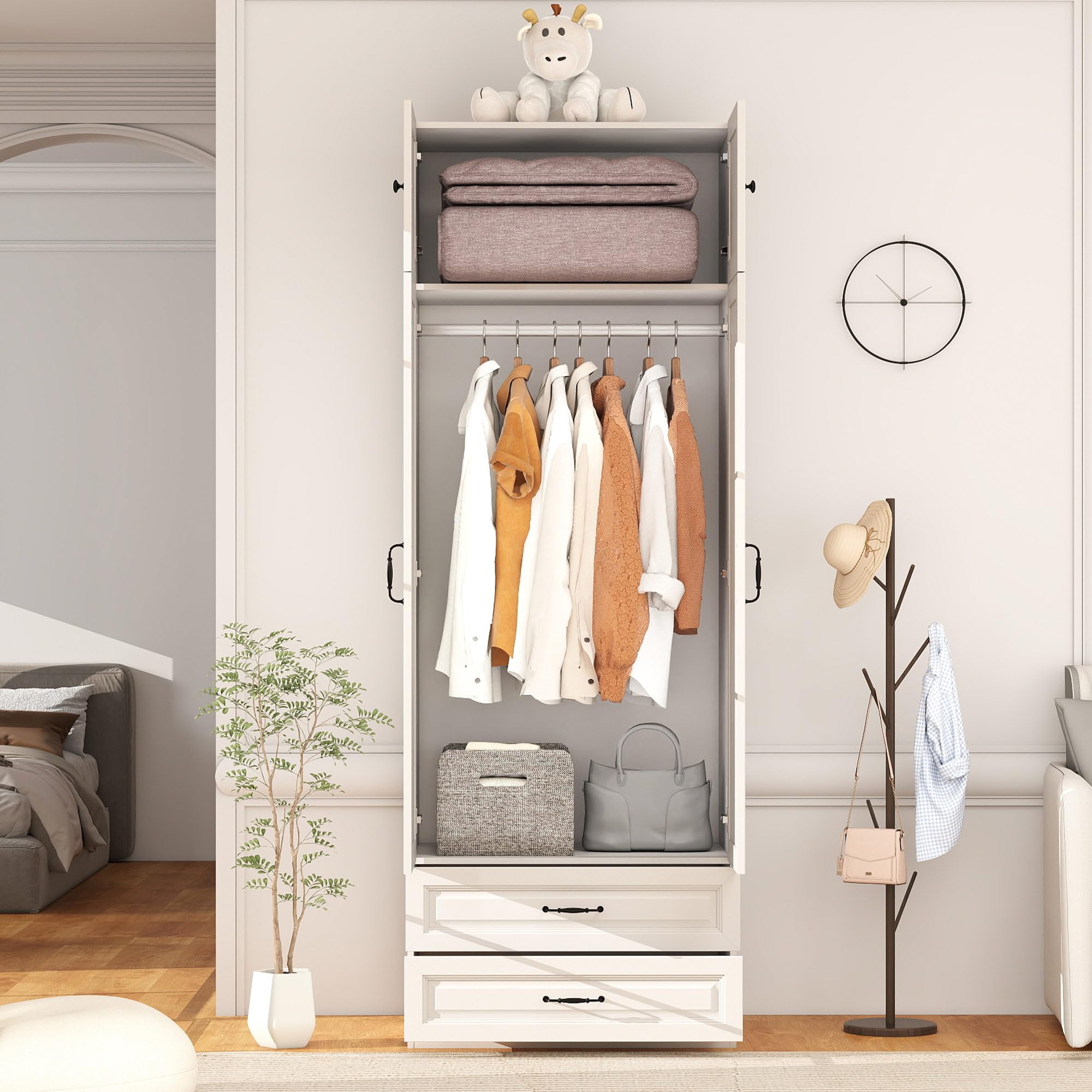 White Armoire Wardrobe Closet with Drawers and Hanging Rod
