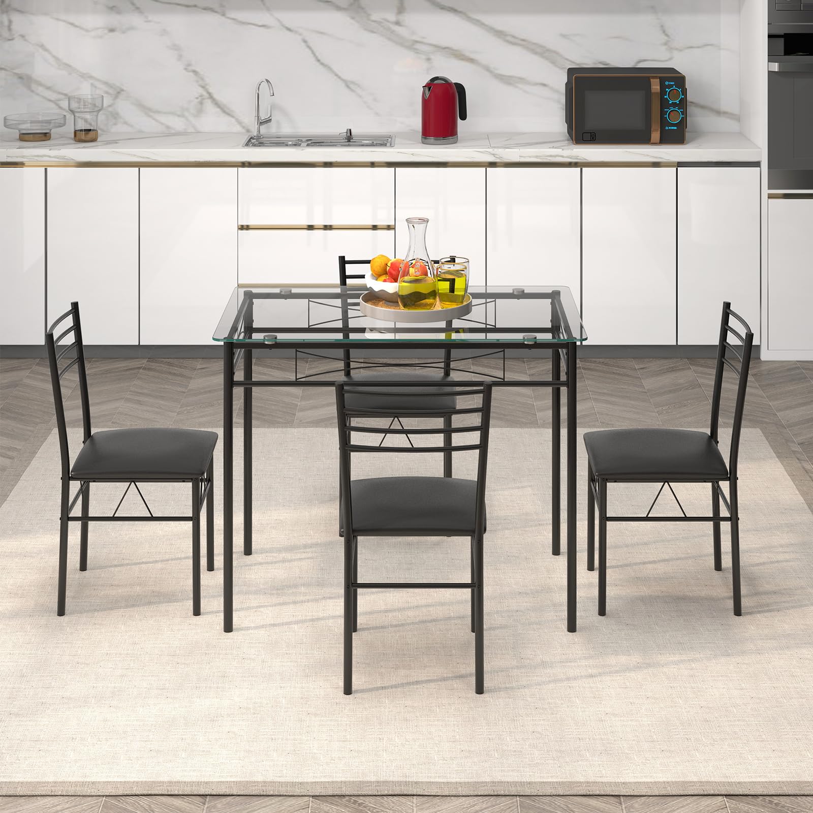 5 Piece Dining Table Set with Tempered Glass Top