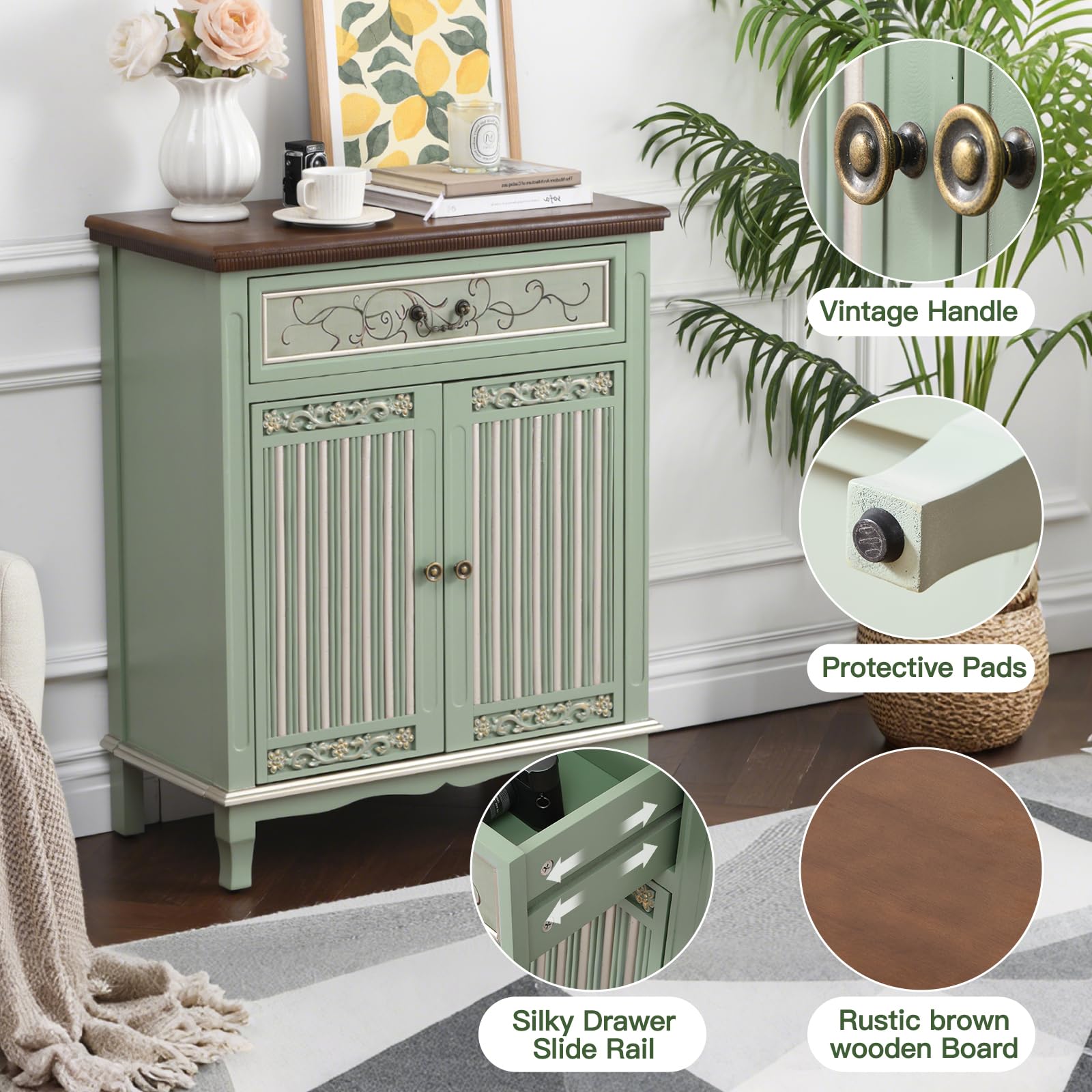Vintage Green Accent Cabinet with Textured Doors