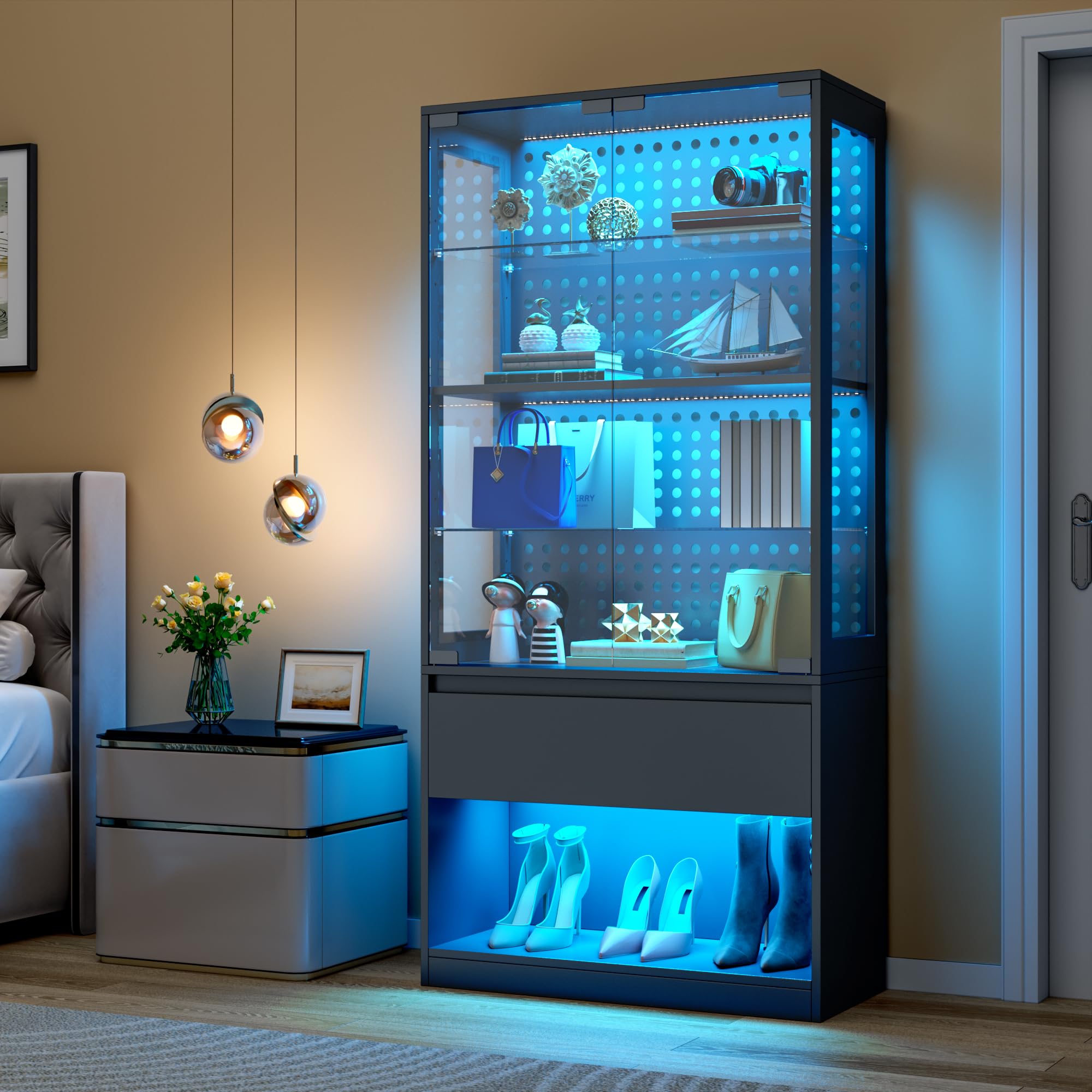 65" Glass Display Cabinet with LED Lights, Drawer & Pegboard