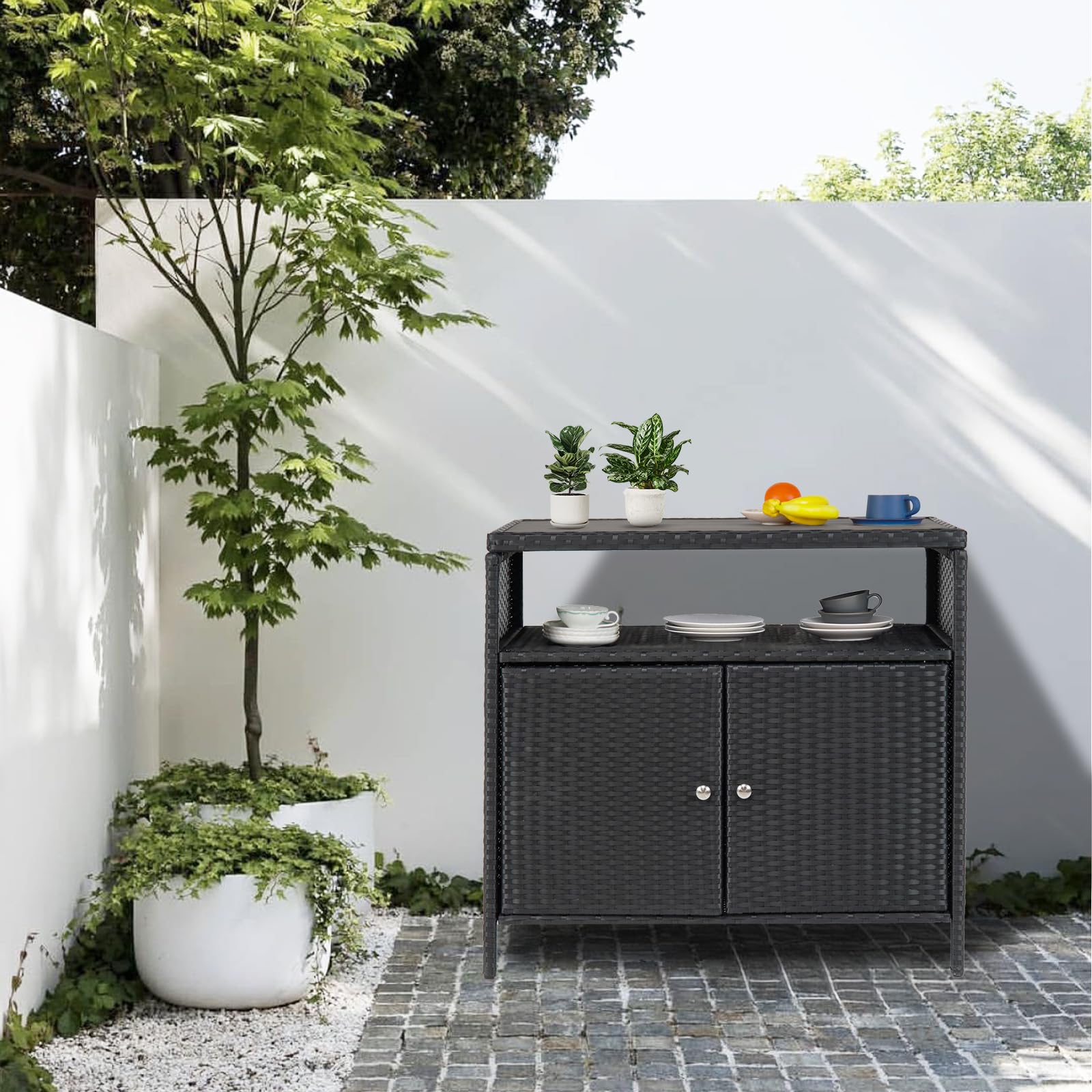 Outdoor Wicker Storage Cabinet with Shelf