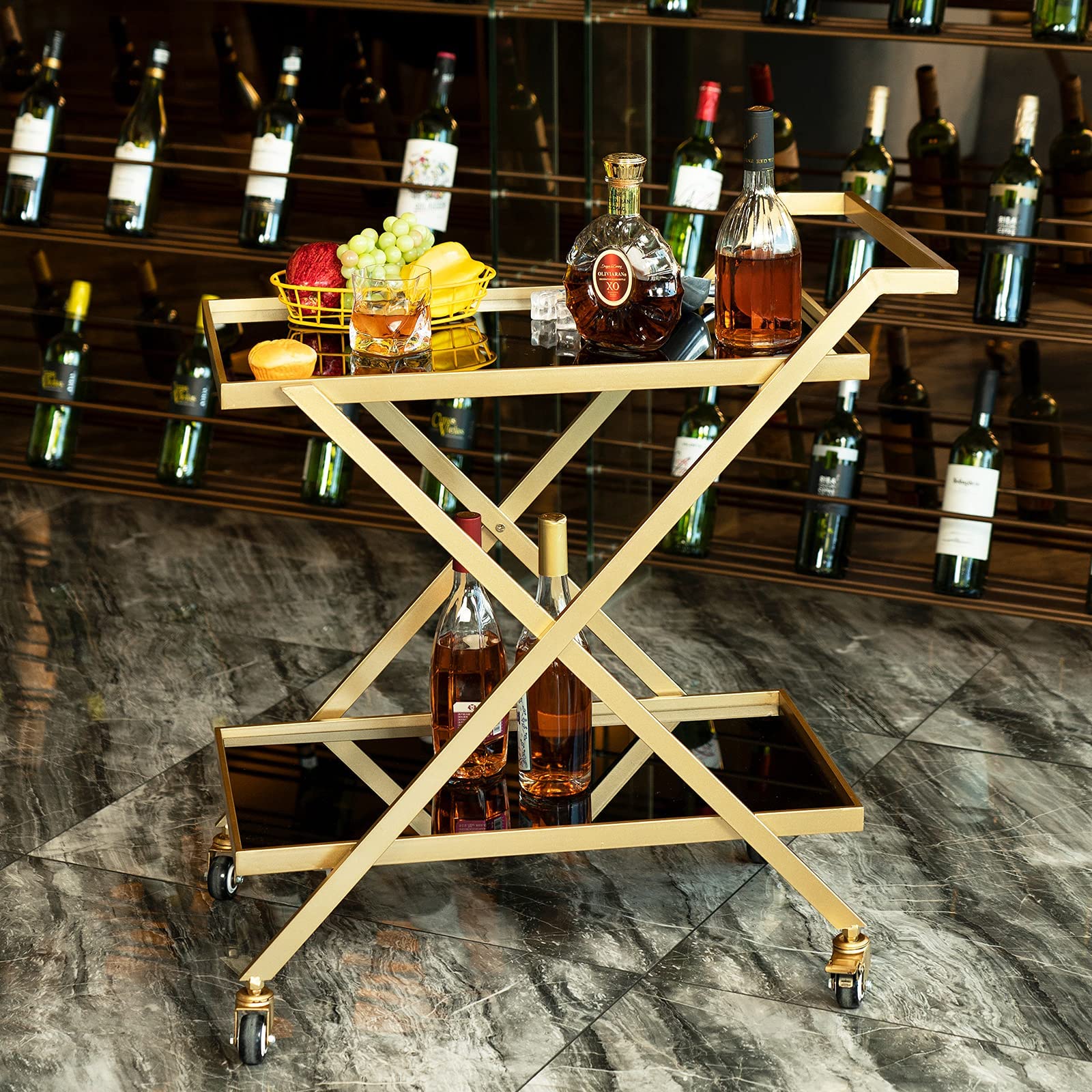 Gold Finish Bar Cart on Wheels with Glass Shelves