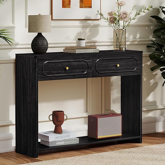 Fluted Console Table with Drawers and Storage Shelves